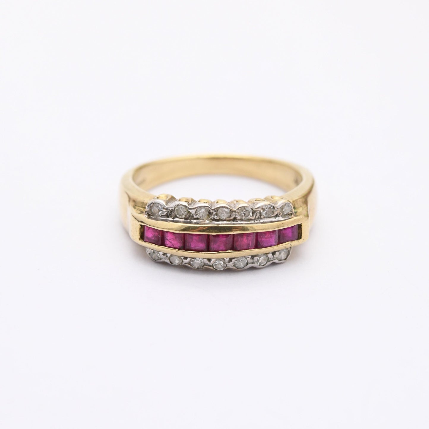 Vintage 9ct Gold Ruby Diamond Half Hoop Ring 1980's - Beautiful Flush Set Channel Rugby Ring | Bevel Diamond | UK Size - M | US Size - 6 1/2