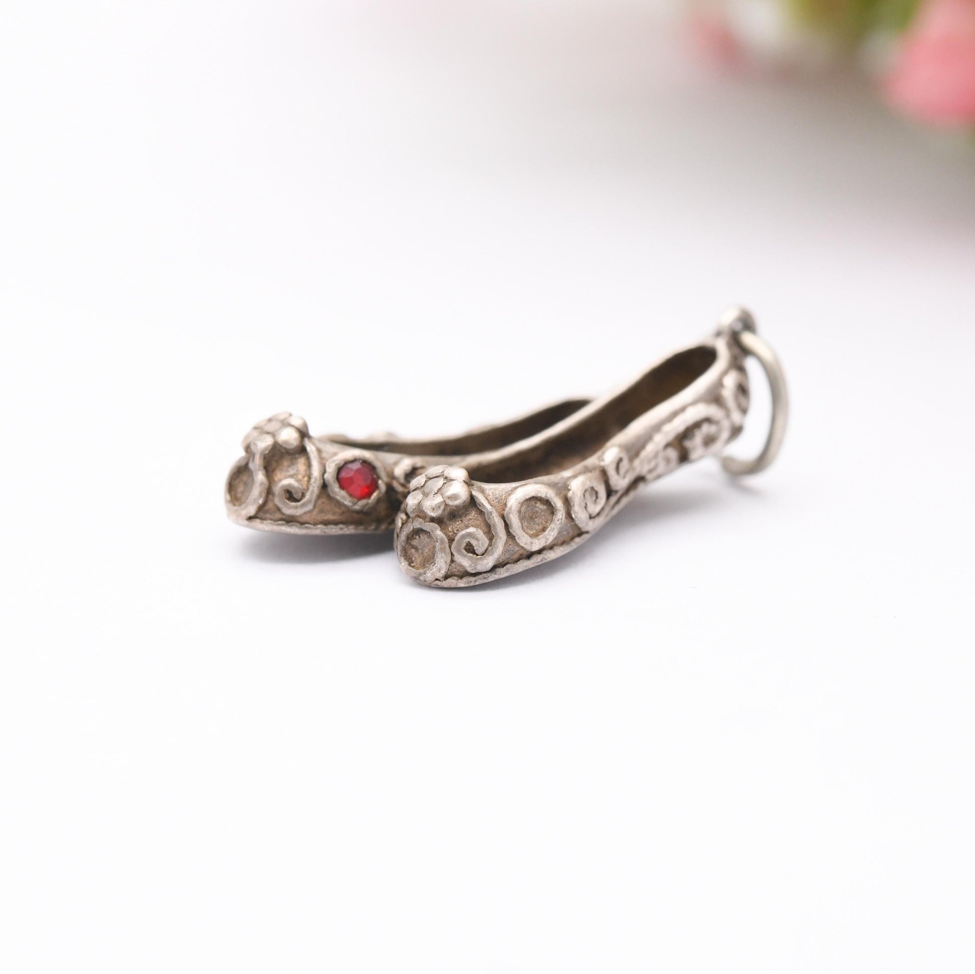 Vintage Sterling Silver and Red Stone Slippers Shoes Charm Pendant - Woman's Shoes | Shoe | Slipper | Gift for Charm Bracelet