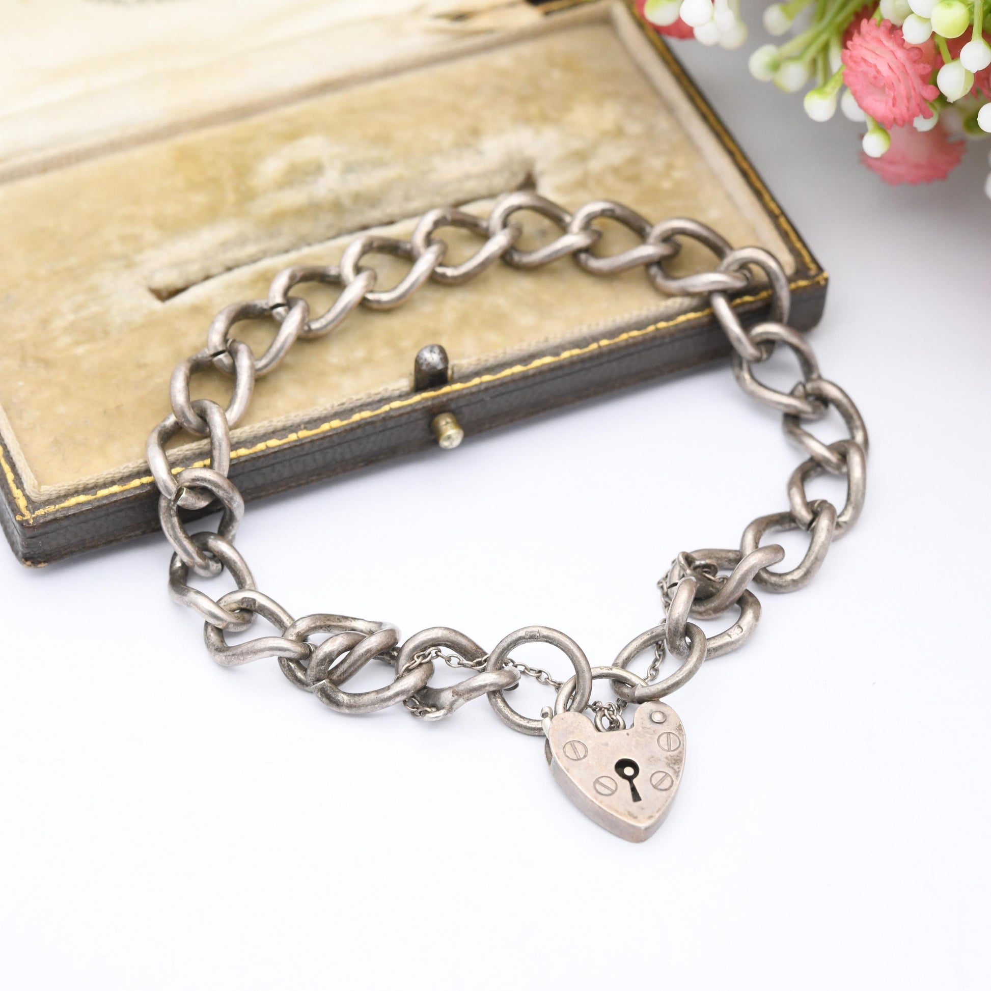 Vintage Sterling Silver Heart Padlock Clasp Chain Charm Bracelet - Chunky Curb Links with Safety Chain | Love Heart Clasp