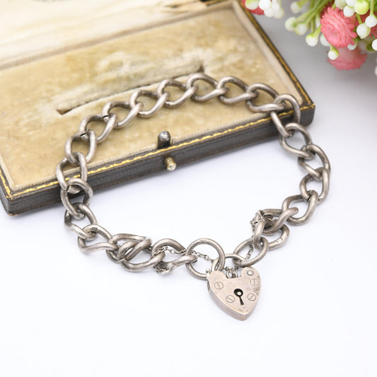 Vintage Sterling Silver Heart Padlock Clasp Chain Charm Bracelet - Chunky Curb Links with Safety Chain | Love Heart Clasp