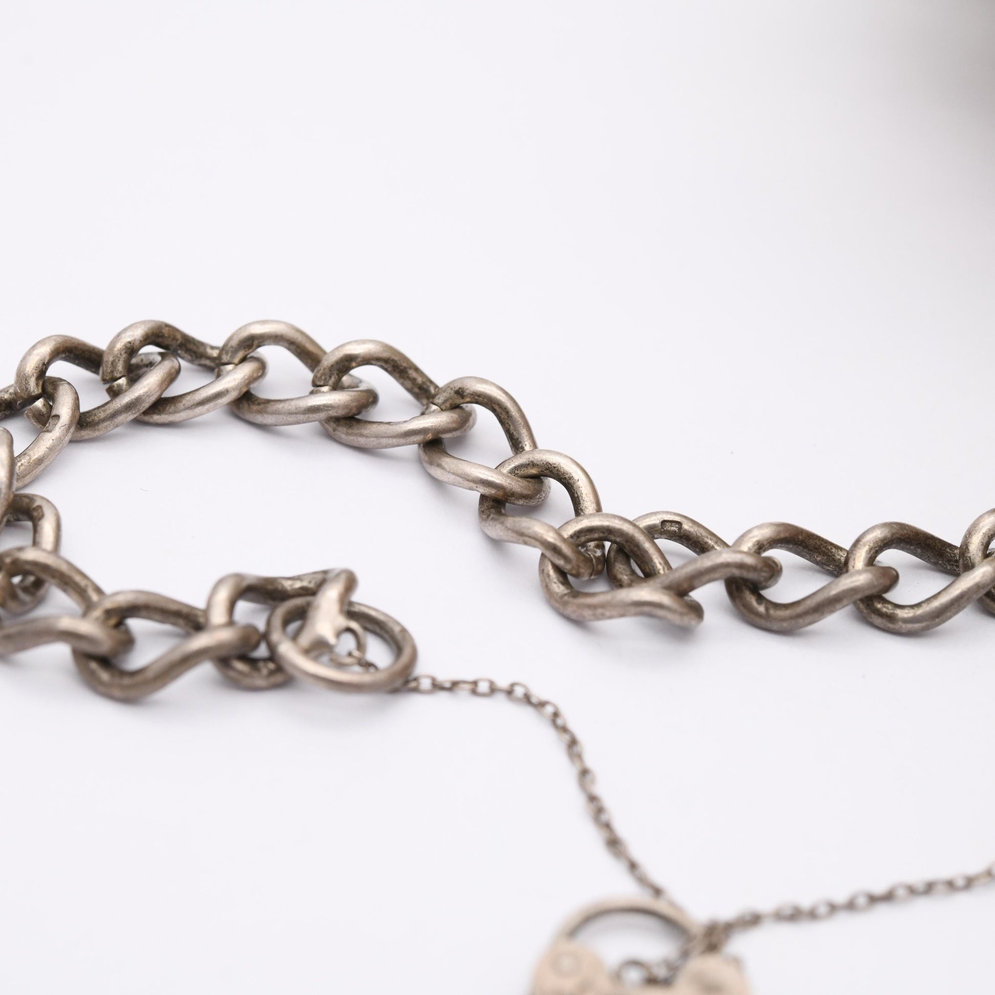 Vintage Sterling Silver Heart Padlock Clasp Chain Charm Bracelet - Chunky Curb Links with Safety Chain | Love Heart Clasp