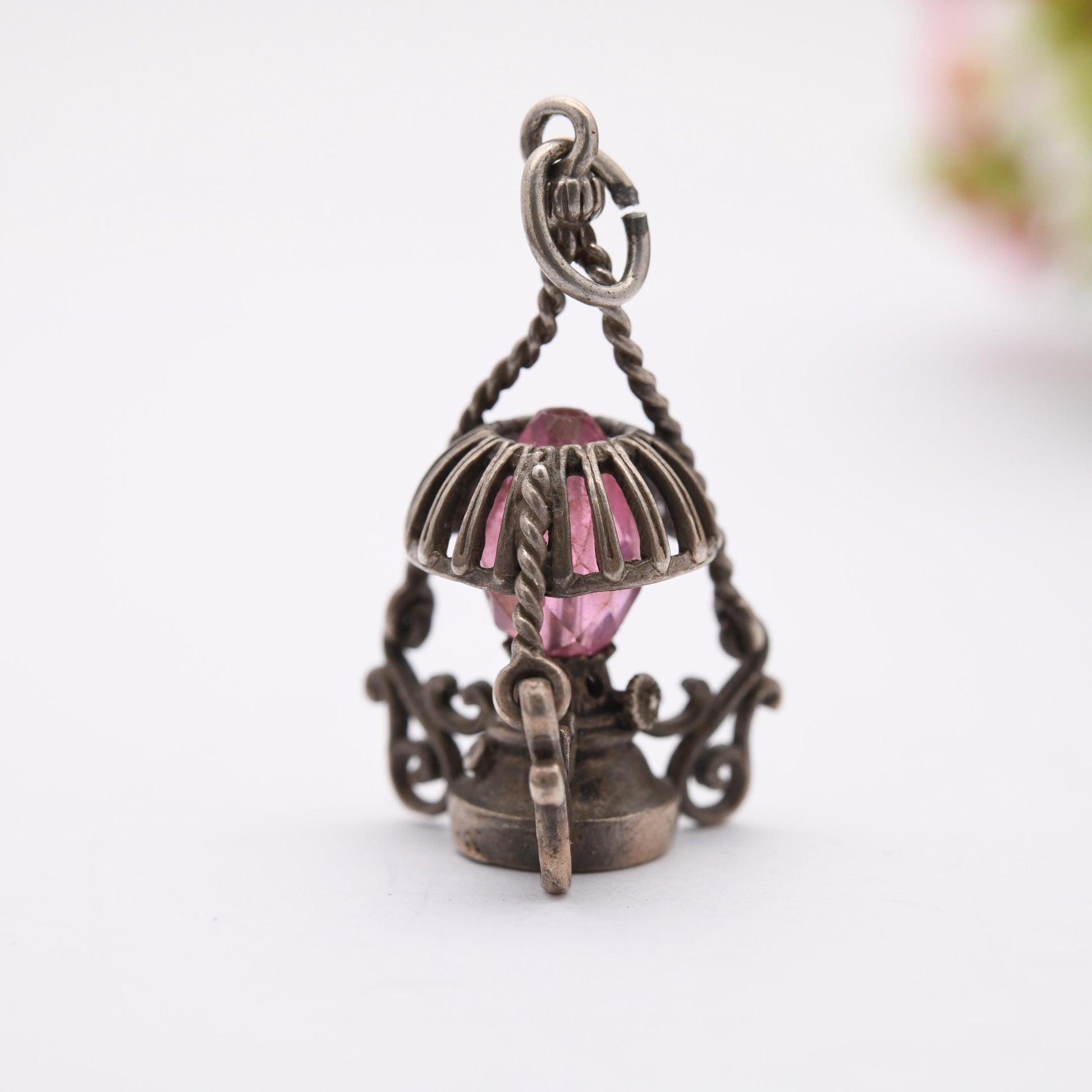 Vintage Sterling Silver Lamp Charm Pendant - Old Fashioned Light | Clear Glass | Gift for Charm Bracelet