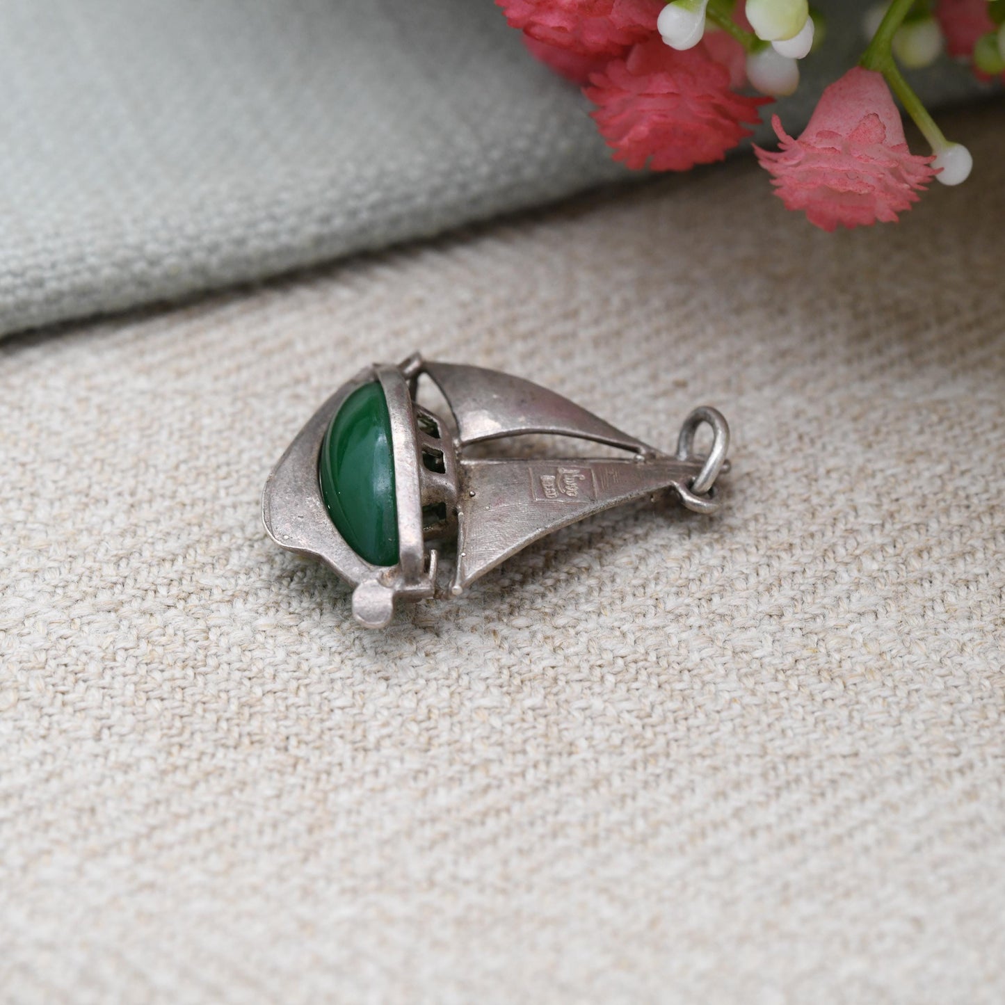 Vintage Nuvo Silver and Green Glass Sailing Boat Charm Pendant - Cute Little Yacht | Ship | Gift for Charm Bracelet