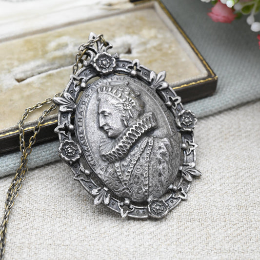 Vintage MIRACLE Creation Elizabeth I Pewter Pendant - Tudor Rose | Ornate Frame | Regal Portrait