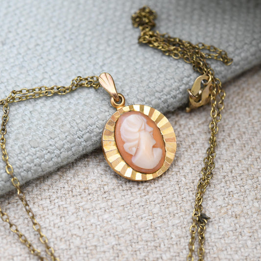 Vintage Rolled Gold Shell Cameo Pendant Necklace on Trace Chain - FB Mid-Century Costume Jewellery