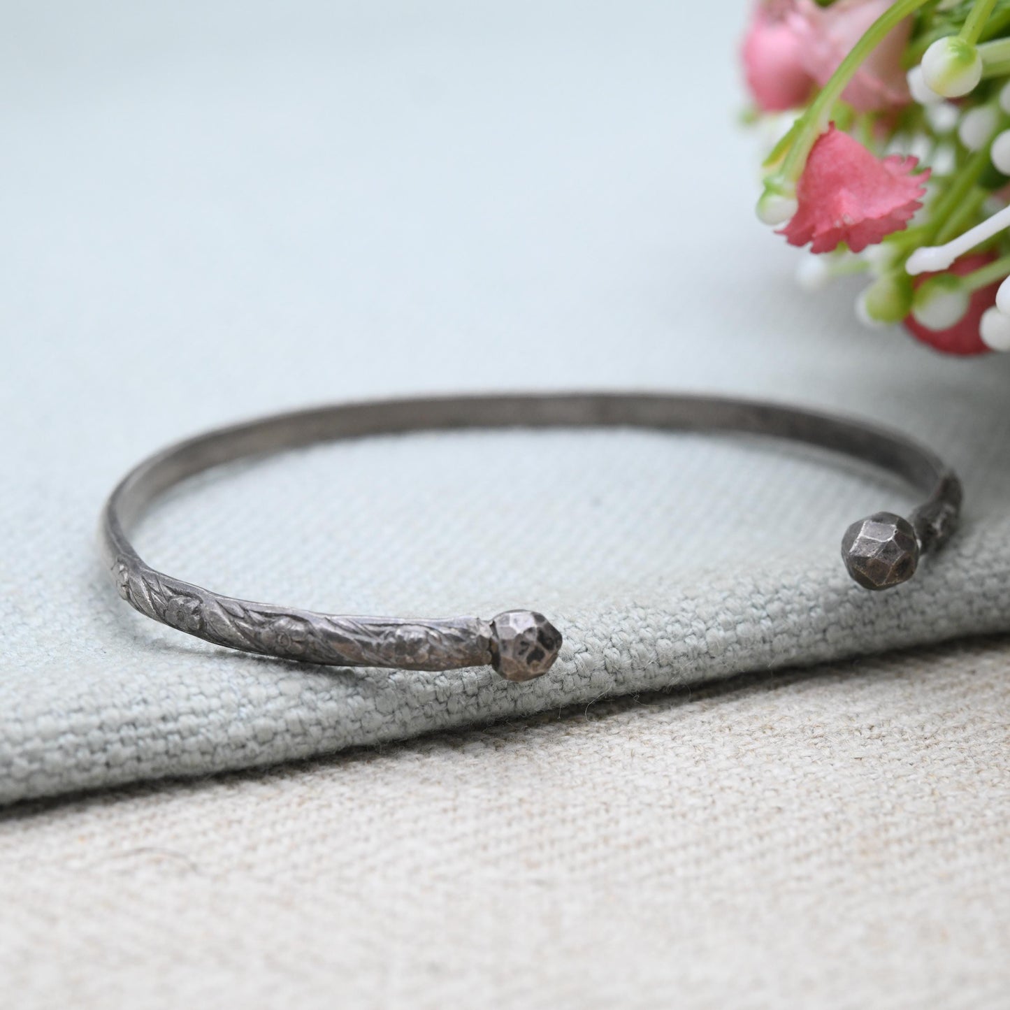 Antique Silver Torque Bangle Bracelet with Flower Engraving
