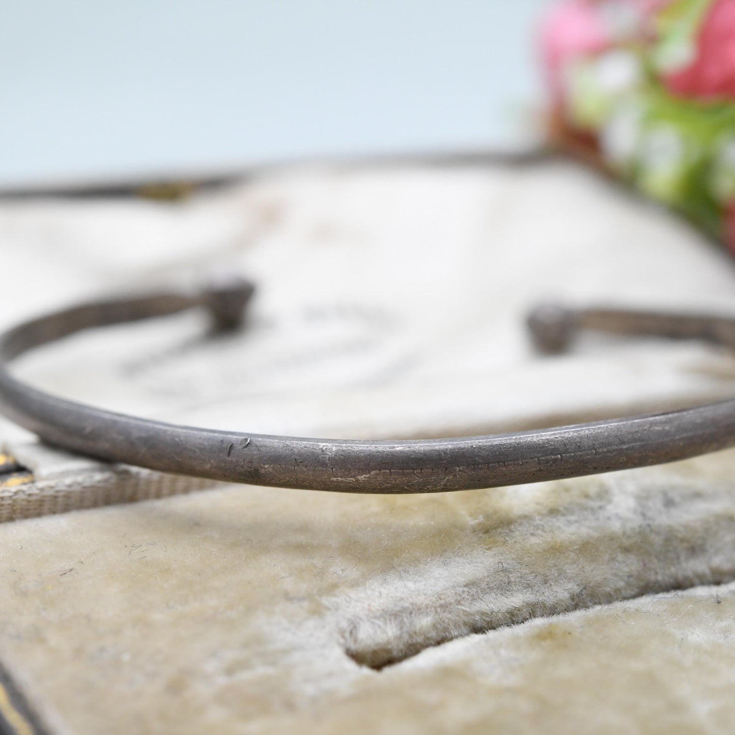 Antique Silver Torque Bangle Bracelet with Flower Engraving