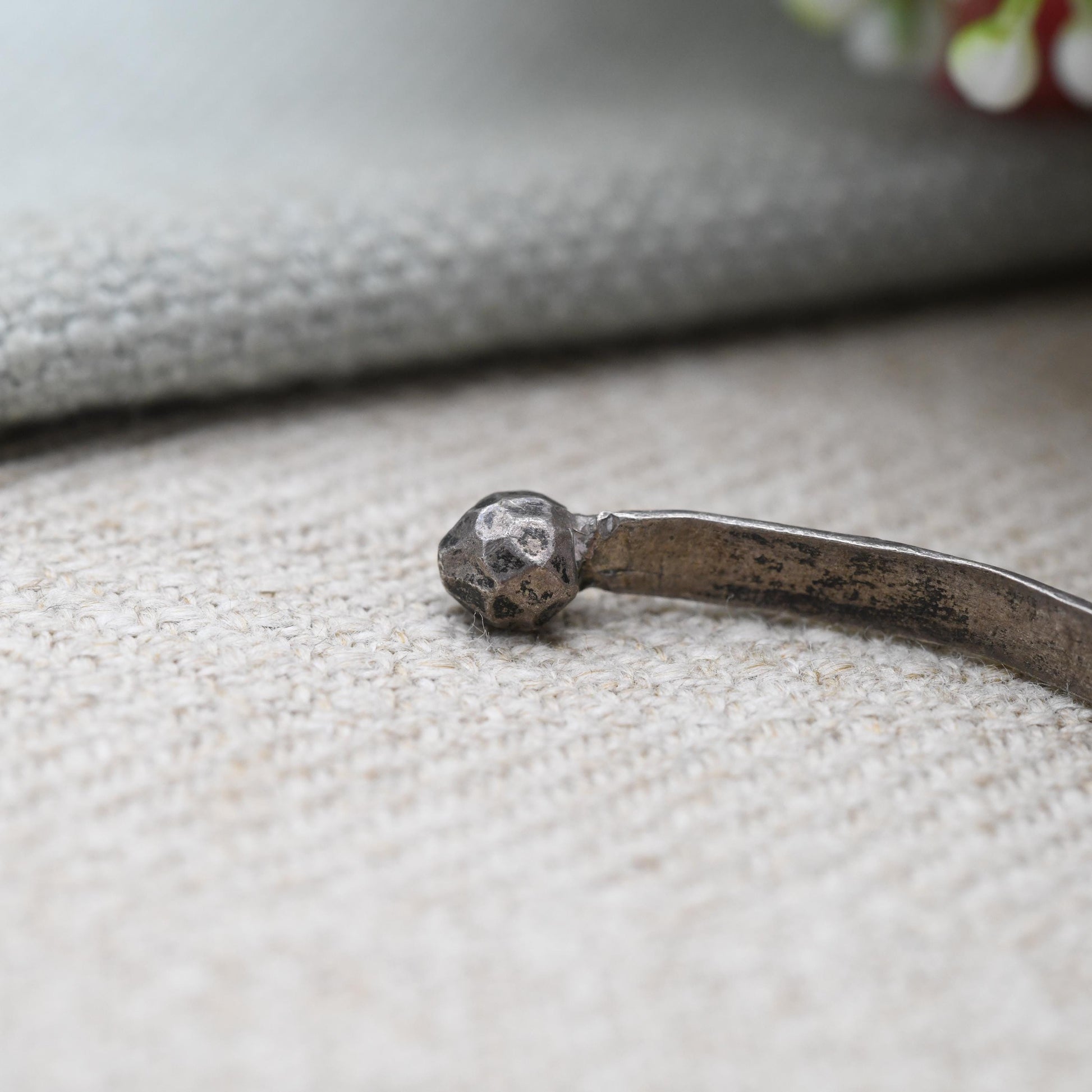Antique Silver Torque Bangle Bracelet with Flower Engraving