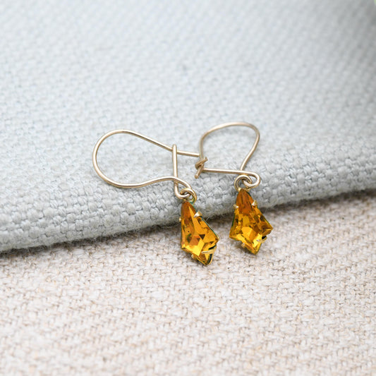 Vintage Rolled Gold Orange Crystal Drop Earrings with Hook Wire - Early 20th Century Yellow Gold Tone Jewellery