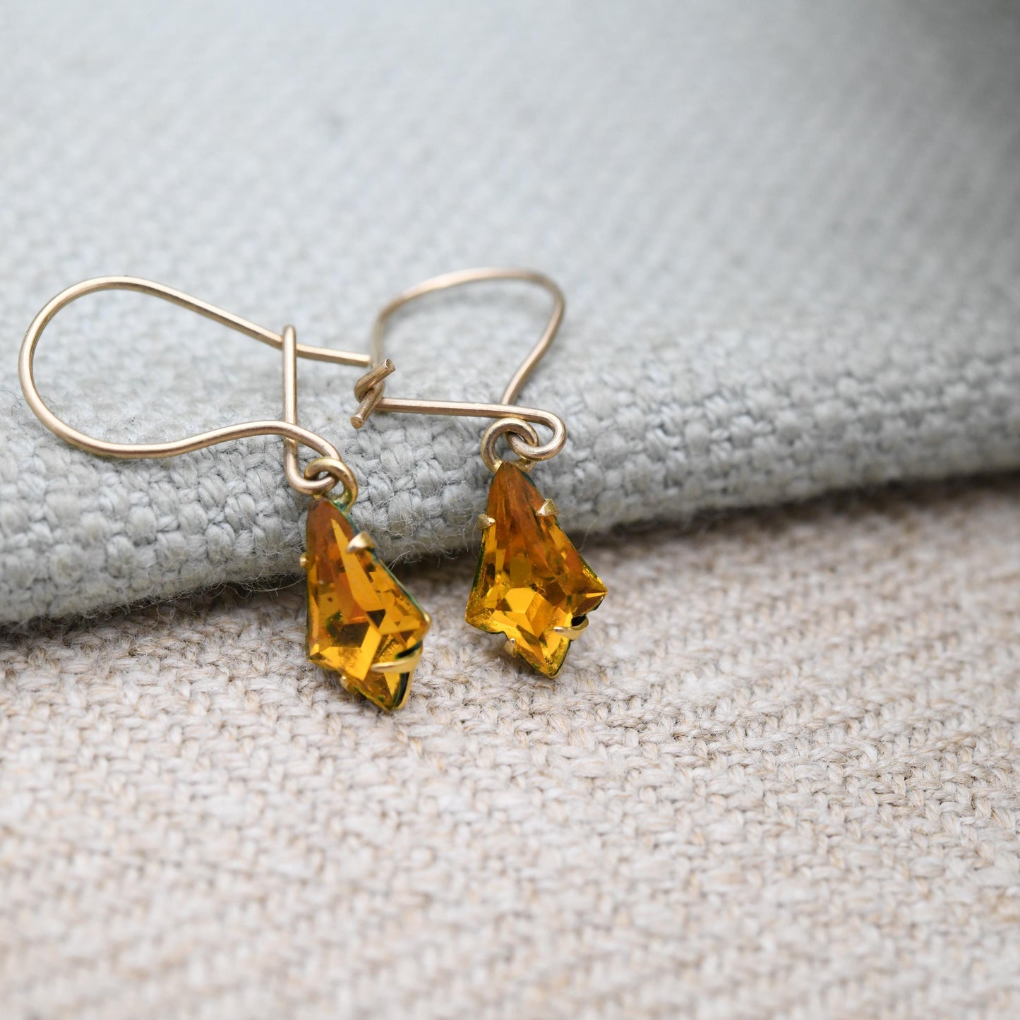 Vintage Rolled Gold Orange Crystal Drop Earrings with Hook Wire - Early 20th Century Yellow Gold Tone Jewellery