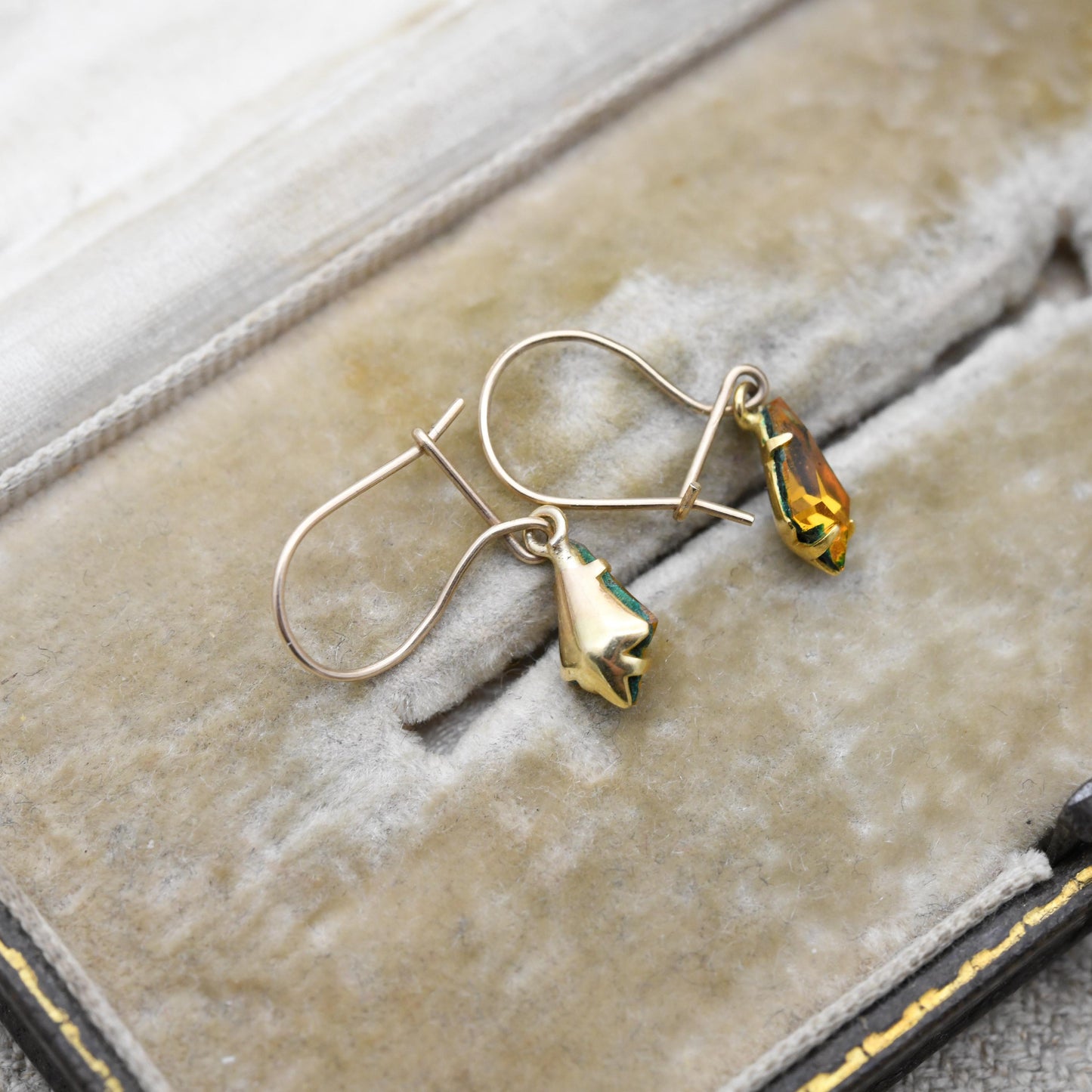 Vintage Rolled Gold Orange Crystal Drop Earrings with Hook Wire - Early 20th Century Yellow Gold Tone Jewellery