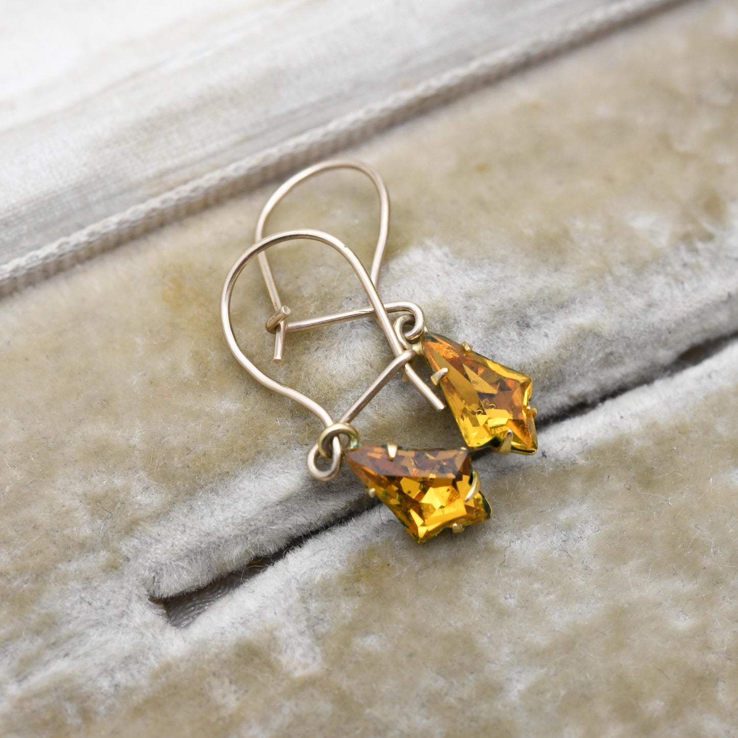 Vintage Rolled Gold Orange Crystal Drop Earrings with Hook Wire - Early 20th Century Yellow Gold Tone Jewellery