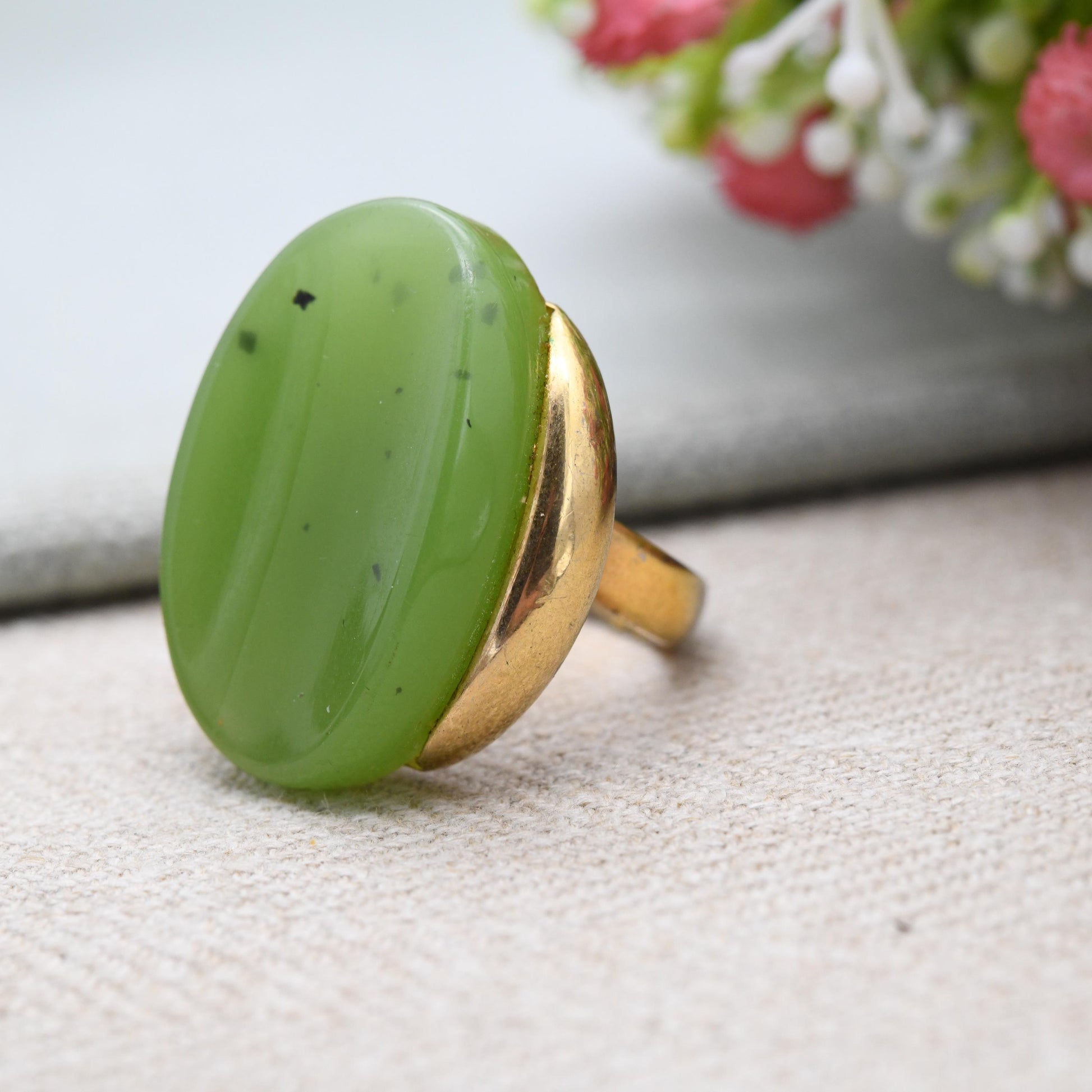 Vintage Grossé Ring 1972 German Designer Signed Jewellery - Imitation Jade Green Stone Ring Mid-Century | Adjustable Size UK Q | US 8 1/2