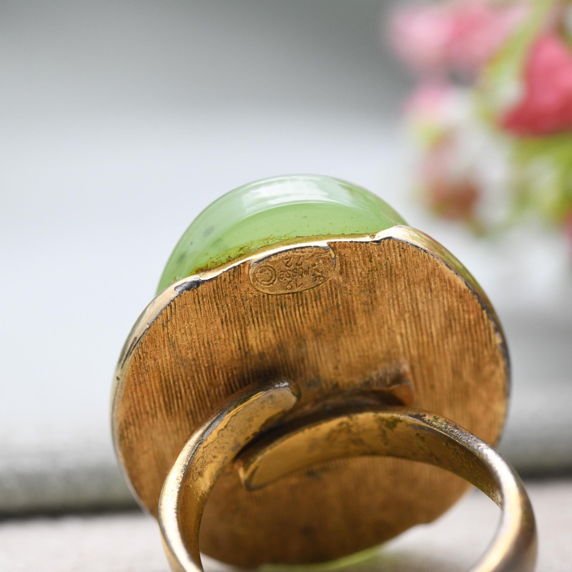 Vintage Grossé Ring 1972 German Designer Signed Jewellery - Imitation Jade Green Stone Ring Mid-Century | Adjustable Size UK Q | US 8 1/2