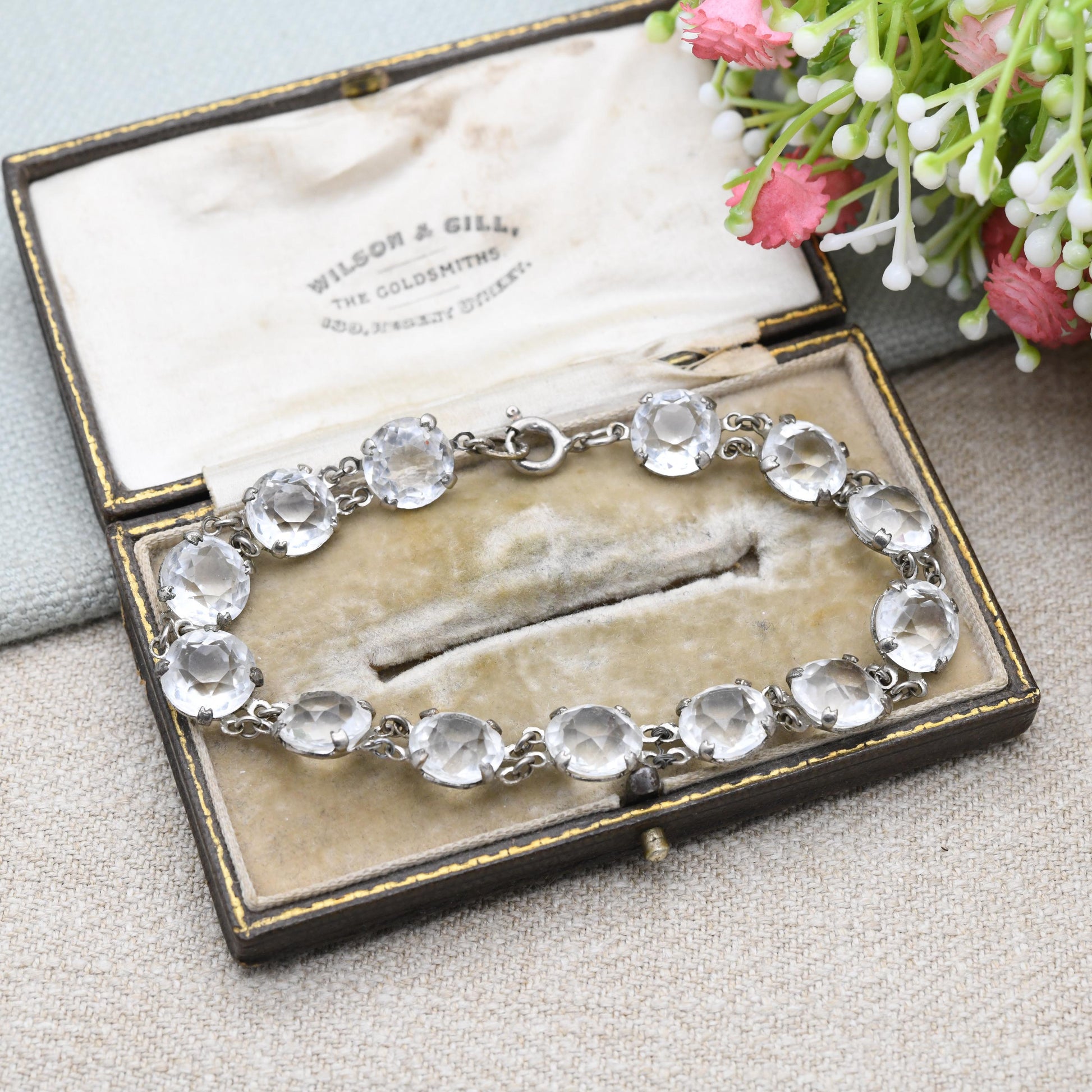 Vintage Art Deco Czech Crystal Rivière Bracelet with Large Glass Stones c. 1930s Made in Czechoslovakia
