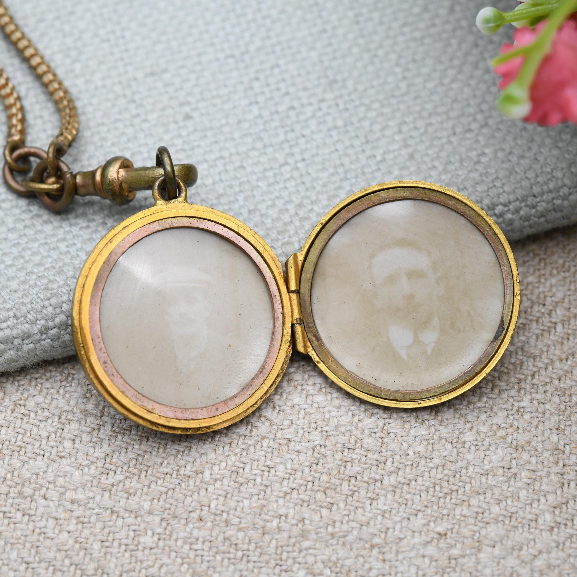 Antique Victorian Guard Chain Necklace with Locket and Dog Clip c. 1890s - Long Victorian Muff Chain with Photographs