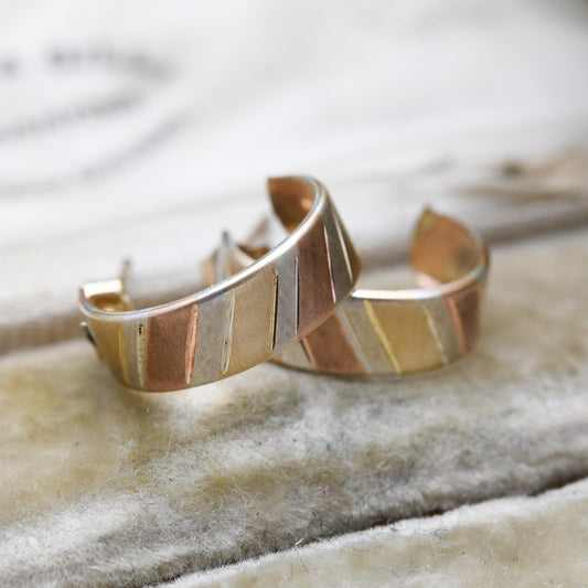 Vintage 9ct Gold Half Hoop Stud Earrings Mid-Century - Semi Circle Shape Big Stud | Solid Gold | Tri Colour | with Butterfly Backs