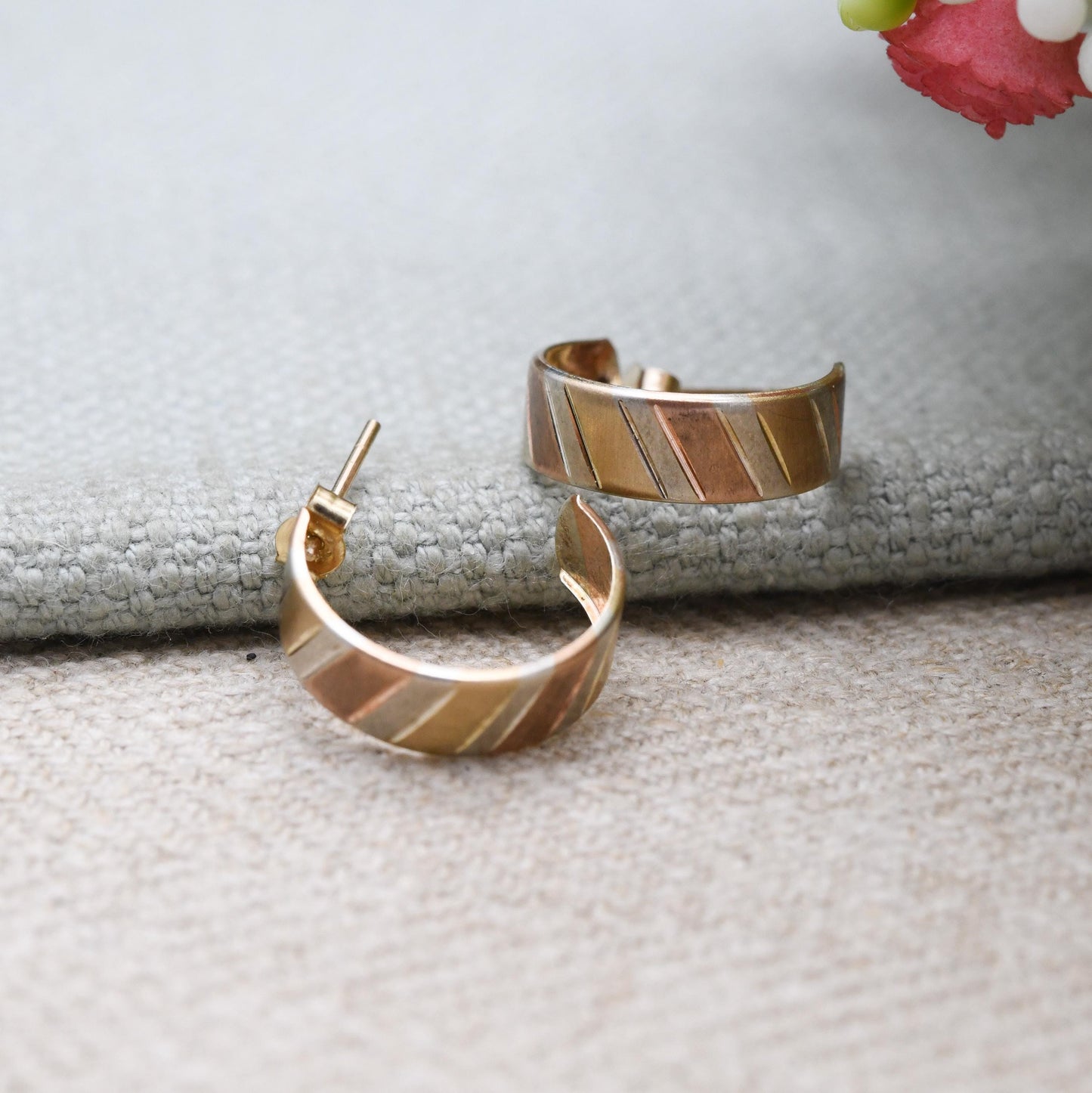 Vintage 9ct Gold Half Hoop Stud Earrings Mid-Century - Semi Circle Shape Big Stud | Solid Gold | Tri Colour | with Butterfly Backs
