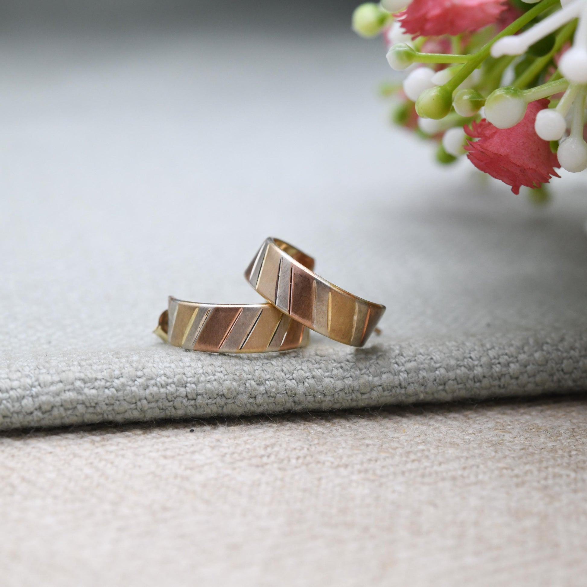 Vintage 9ct Gold Half Hoop Stud Earrings Mid-Century - Semi Circle Shape Big Stud | Solid Gold | Tri Colour | with Butterfly Backs