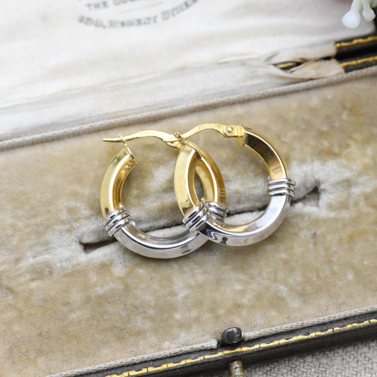 Vintage 9ct Gold Hoop Earrings Two-Tone Design - Large Hollow Hoops | Yellow and White Gold | Elegant | Pretty Gold Jewellery Gift for Her