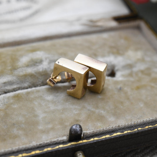 Vintage 9ct Gold Cube Hoop Stud Earrings 3D Style c. 1980s - Minimal Yellow Gold Square Studs | Delicate Gold Jewellery Gift for Her
