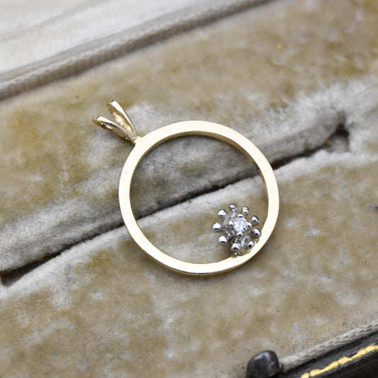 Vintage Everbrite 14ct Gold Diamond Open Circle Pendant - Two Tone Solid Gold Minimalist Jewellery Gift for Her