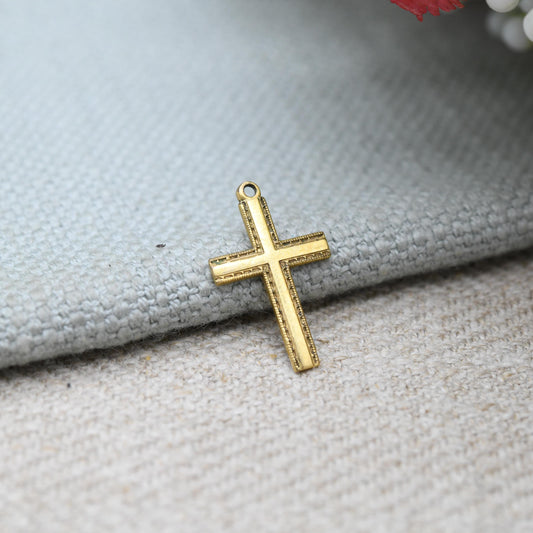 Vintage 9ct Gold Cross Pendant c. 1940s - Small Mid-Century Textured Border Design Christian Cross for Everyday Wear