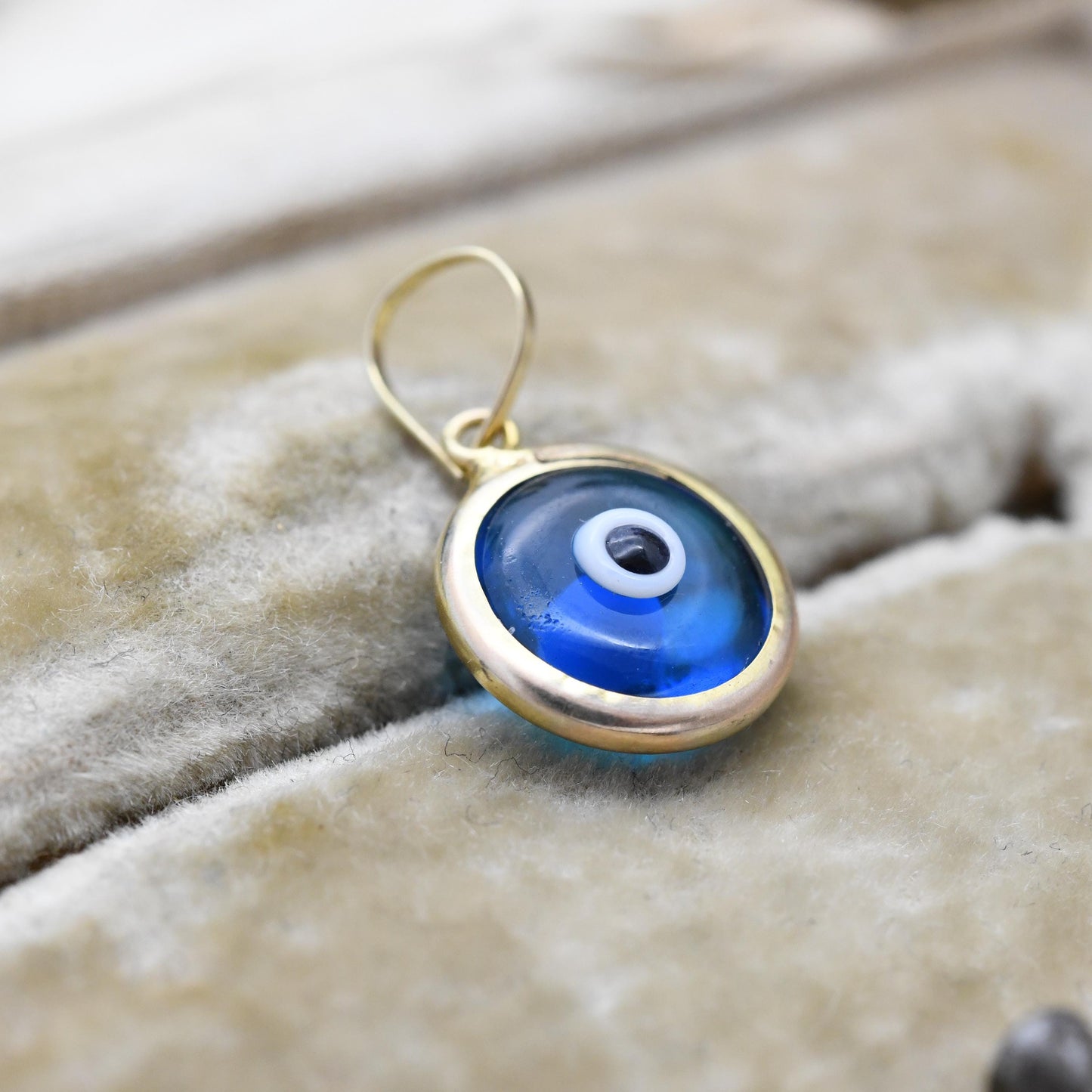 Vintage 9ct Gold Glass Evil Eye Charm Pendant - Small Round Blue Charm for Necklace Pendant