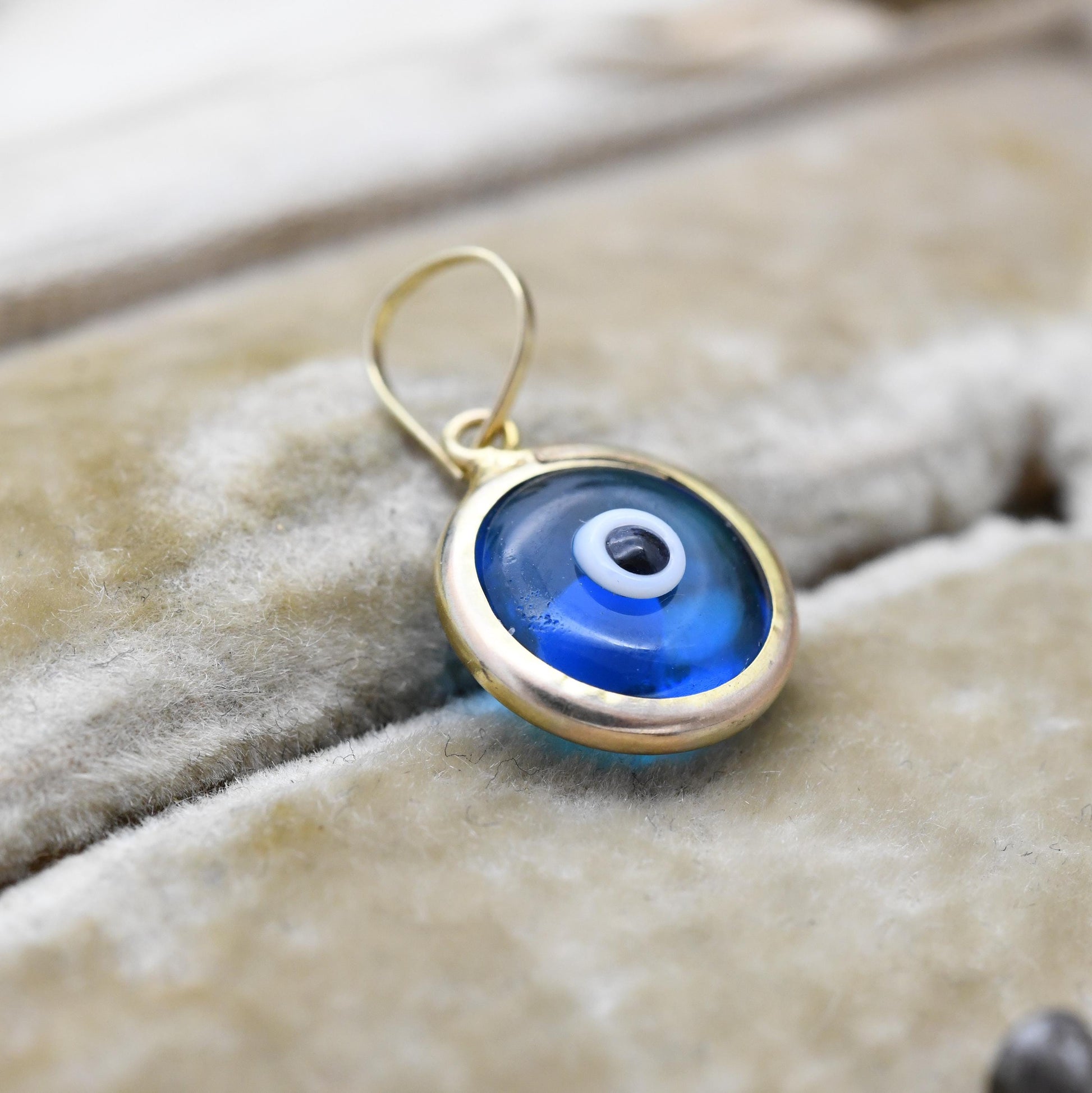 Vintage 9ct Gold Glass Evil Eye Charm Pendant - Small Round Blue Charm for Necklace Pendant