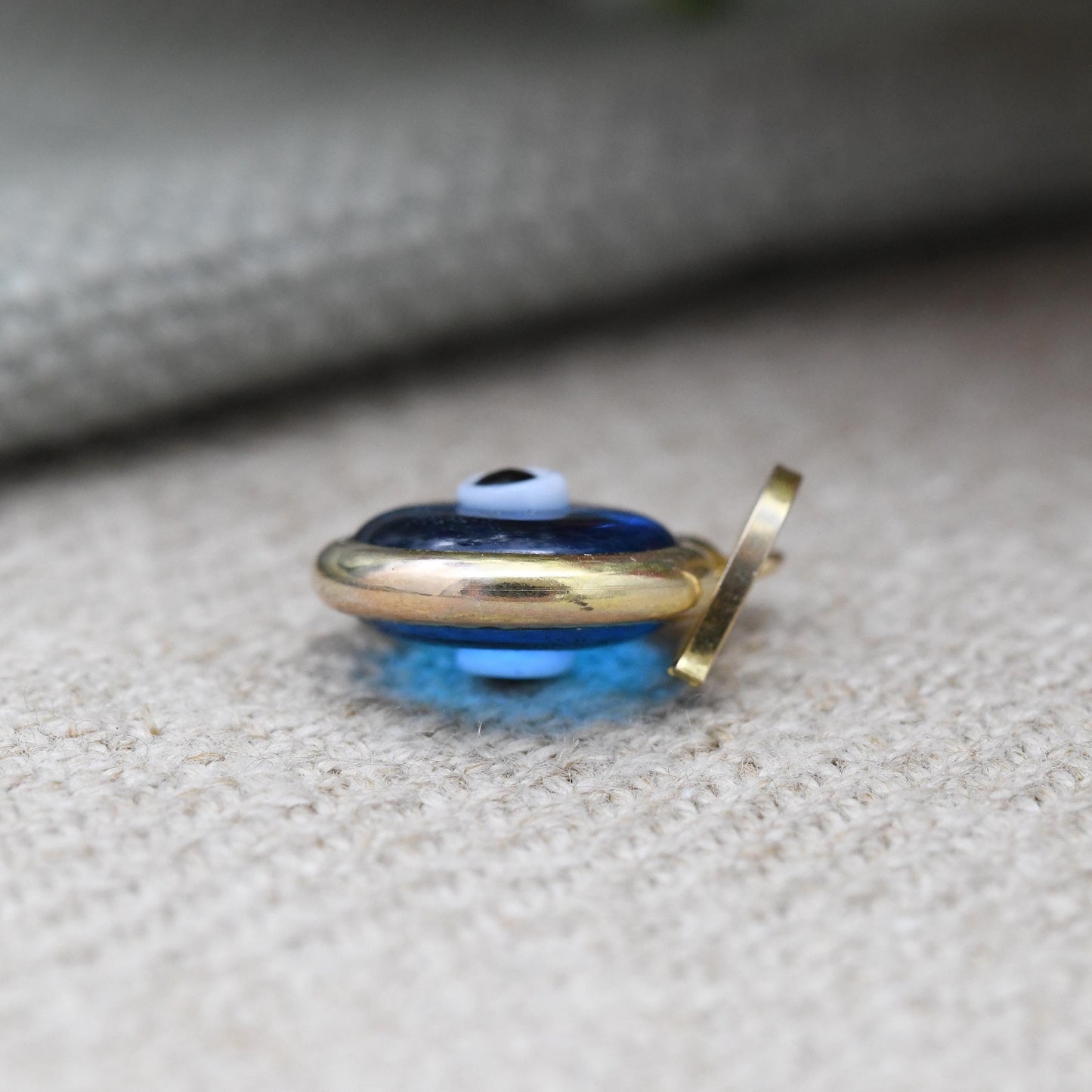 Vintage 9ct Gold Glass Evil Eye Charm Pendant - Small Round Blue Charm for Necklace Pendant