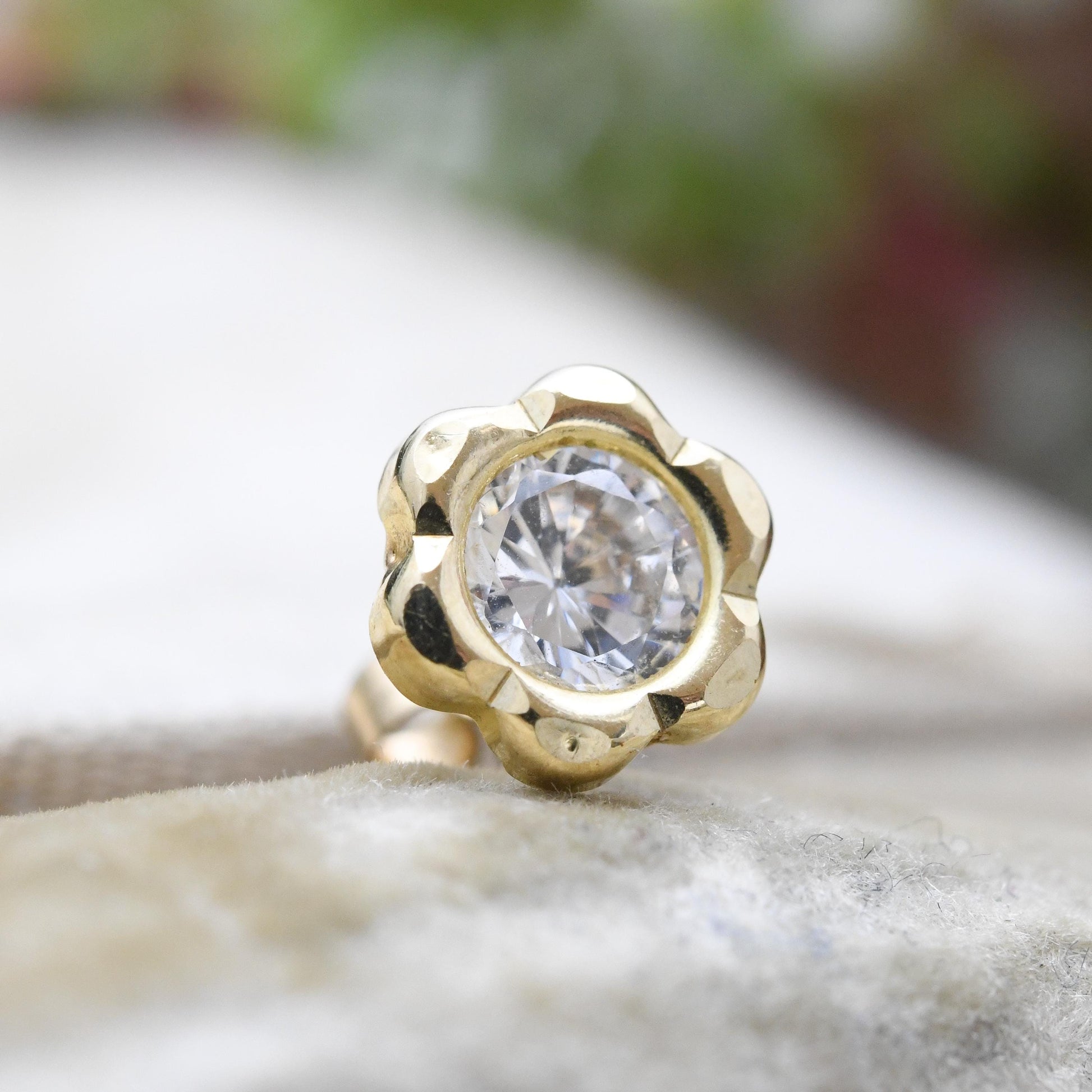 Single 9ct Gold Flower Stud Earring with Large CZ Bezel Set Clear Stone - Y2K Pretty Yellow Gold | Faceted Sparkly Stone | Butterfly Back