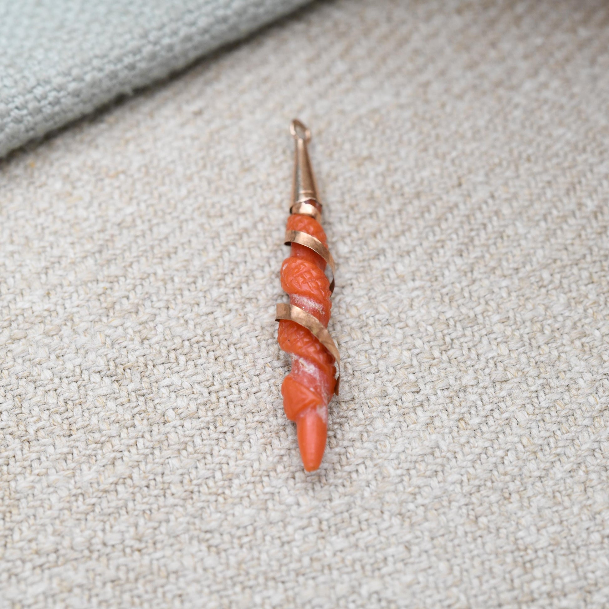 Antique Victorian 9ct Gold Carved Coral Pendant for Restoration - Gold Wire Wrapped Gemstone