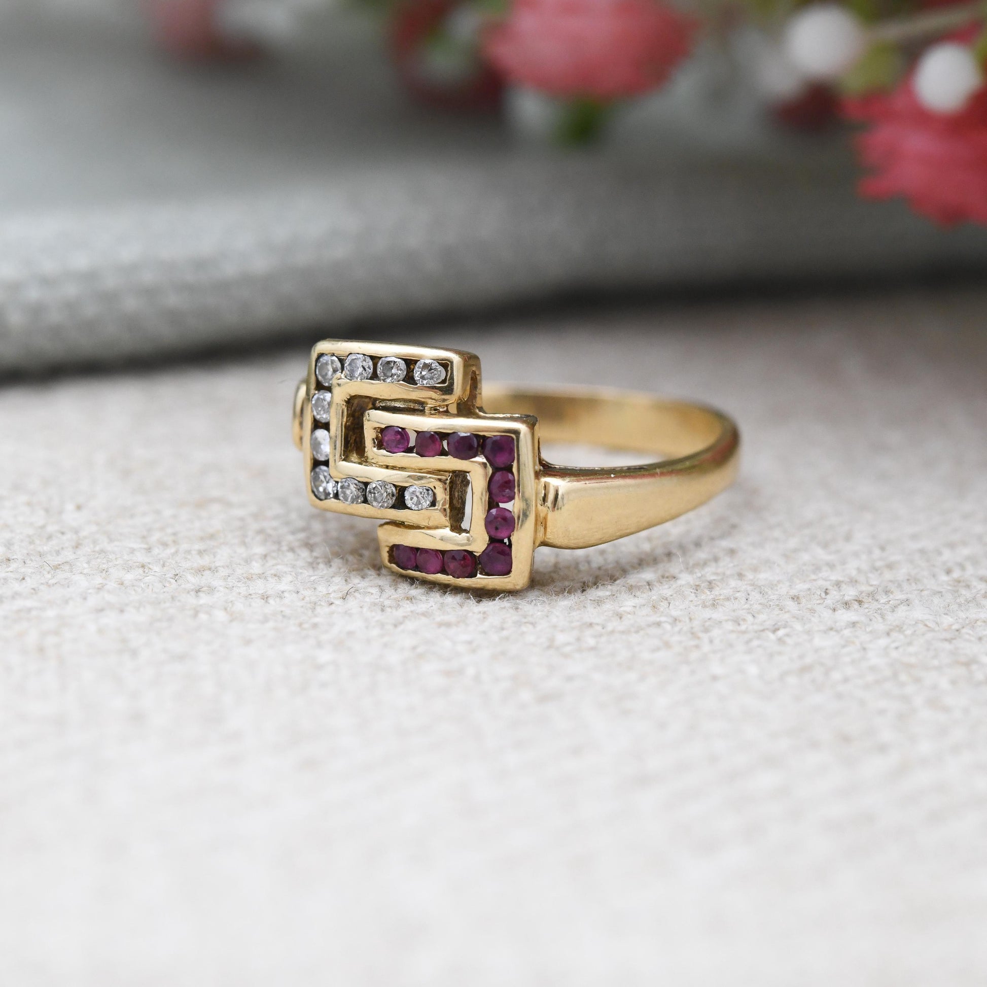 Vintage 18ct Gold Ruby and Diamond Ring Interlocking C - Statement Occasional Dress Ring | Anniversary Gift | UK Size J 1/2 | US Size 5 1/4