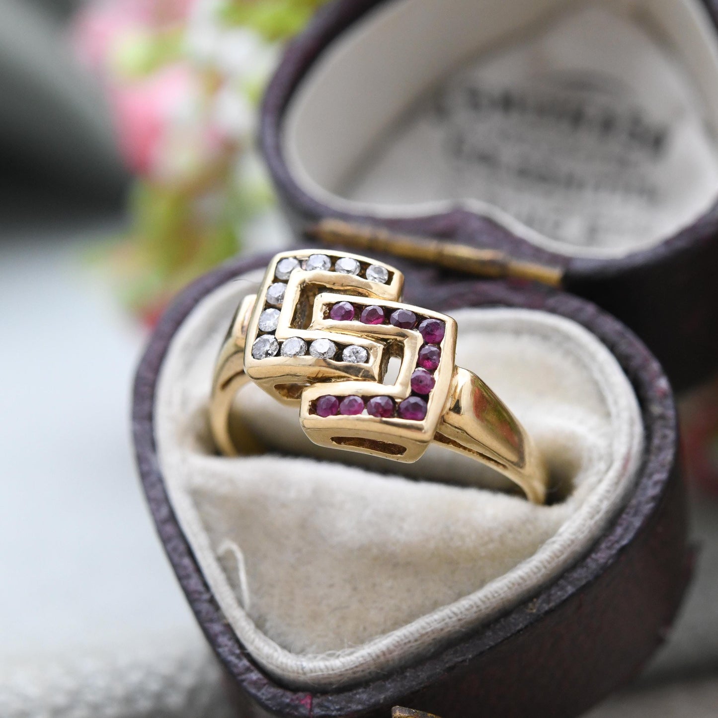 Vintage 18ct Gold Ruby and Diamond Ring Interlocking C - Statement Occasional Dress Ring | Anniversary Gift | UK Size J 1/2 | US Size 5 1/4