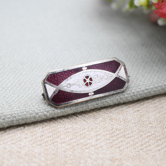 Antique Guilloche Enamel Flower Brooch Edwardian c. 1910s - Multi-tone White and Purple Enamel with Red Flower