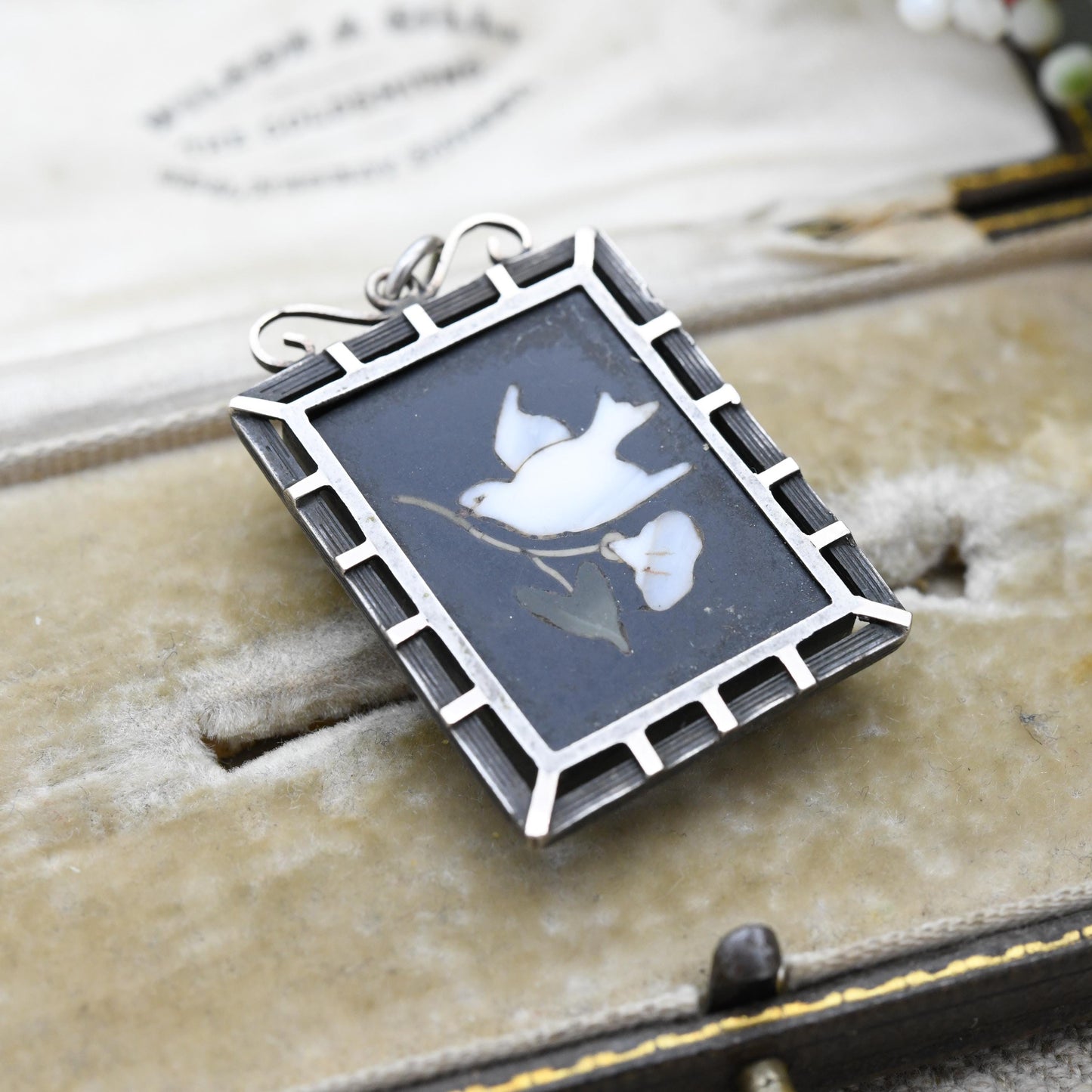 Antique Victorian Pietra Dura Locket with Dove Carrying Flower - Silver Sentimental Mourning Jewellery | Large Rectangle Micromosaic Pendant
