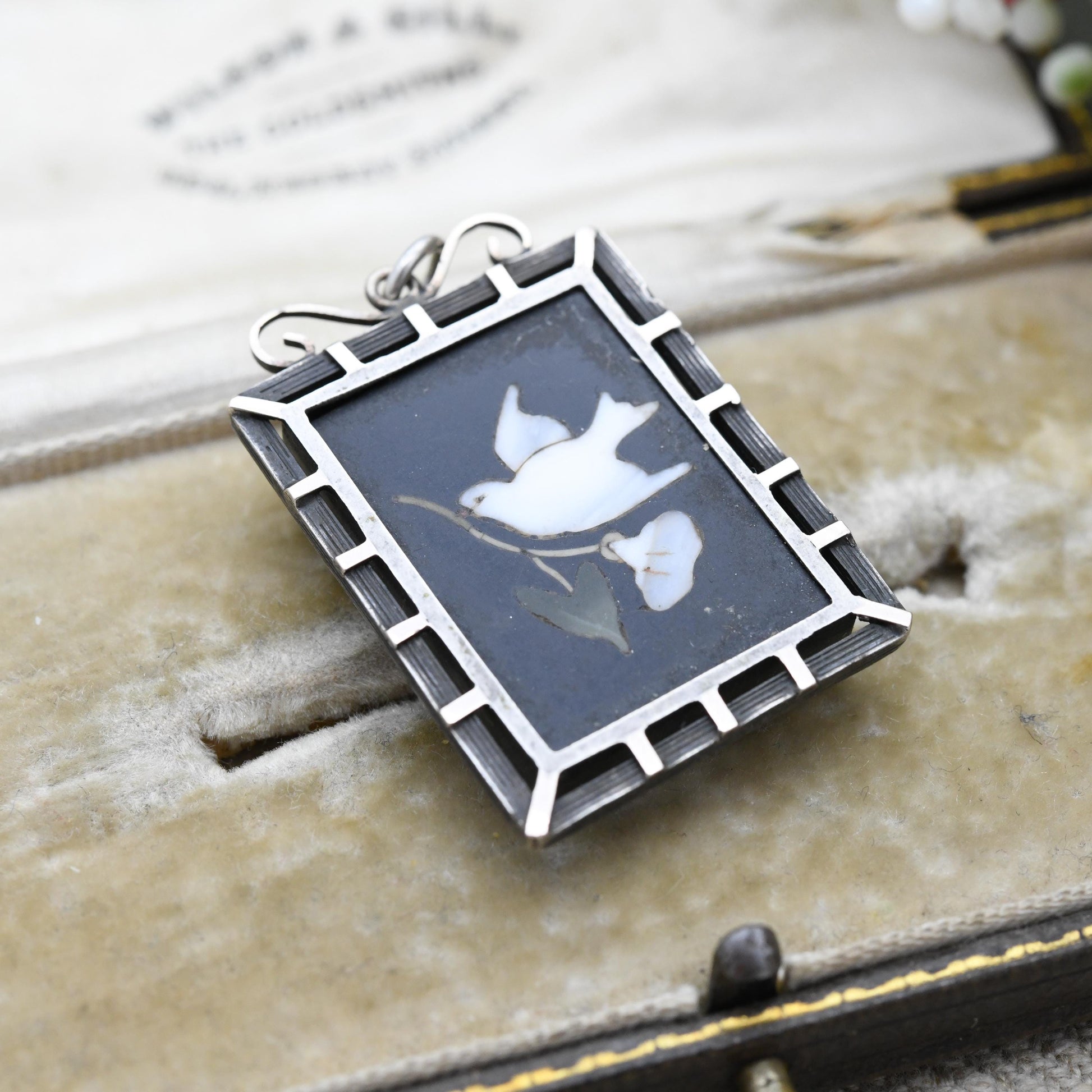 Antique Victorian Pietra Dura Locket with Dove Carrying Flower - Silver Sentimental Mourning Jewellery | Large Rectangle Micromosaic Pendant