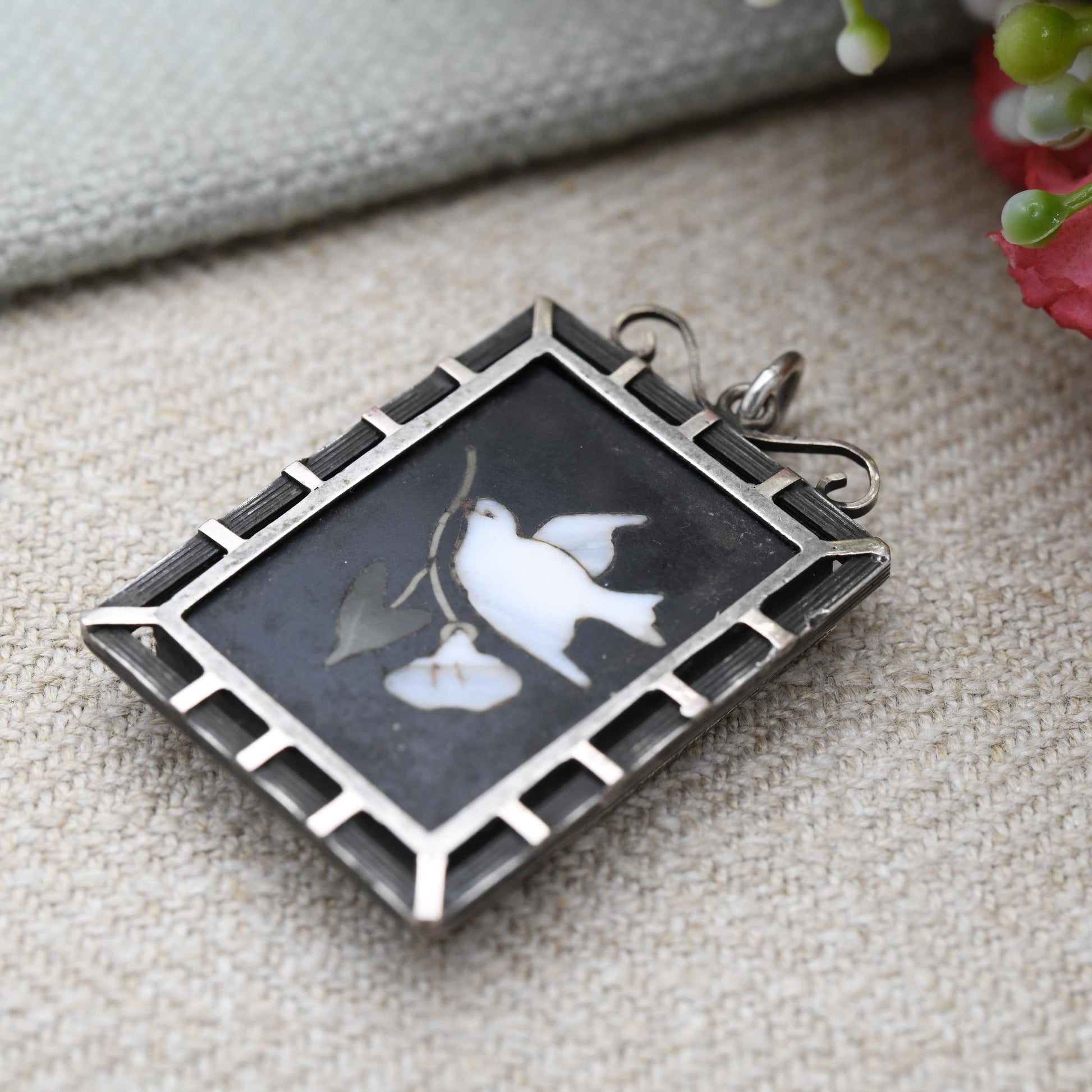 Antique Victorian Pietra Dura Locket with Dove Carrying Flower - Silver Sentimental Mourning Jewellery | Large Rectangle Micromosaic Pendant