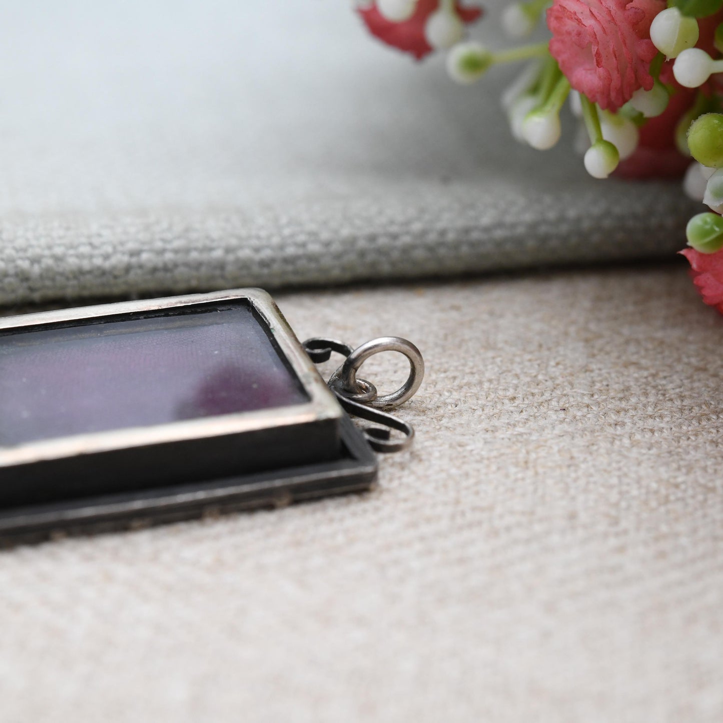 Antique Victorian Pietra Dura Locket with Dove Carrying Flower - Silver Sentimental Mourning Jewellery | Large Rectangle Micromosaic Pendant