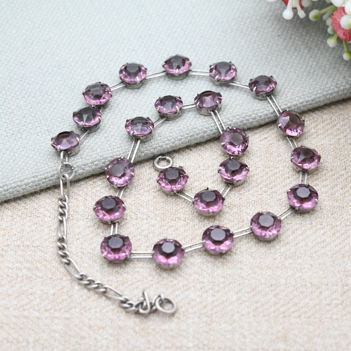 Art Deco Amethyst Paste Sterling Silver Rivière Necklace by W. H. Collins & Co. 1929 Patent Number 311897 - Choker Length 13" - 16"