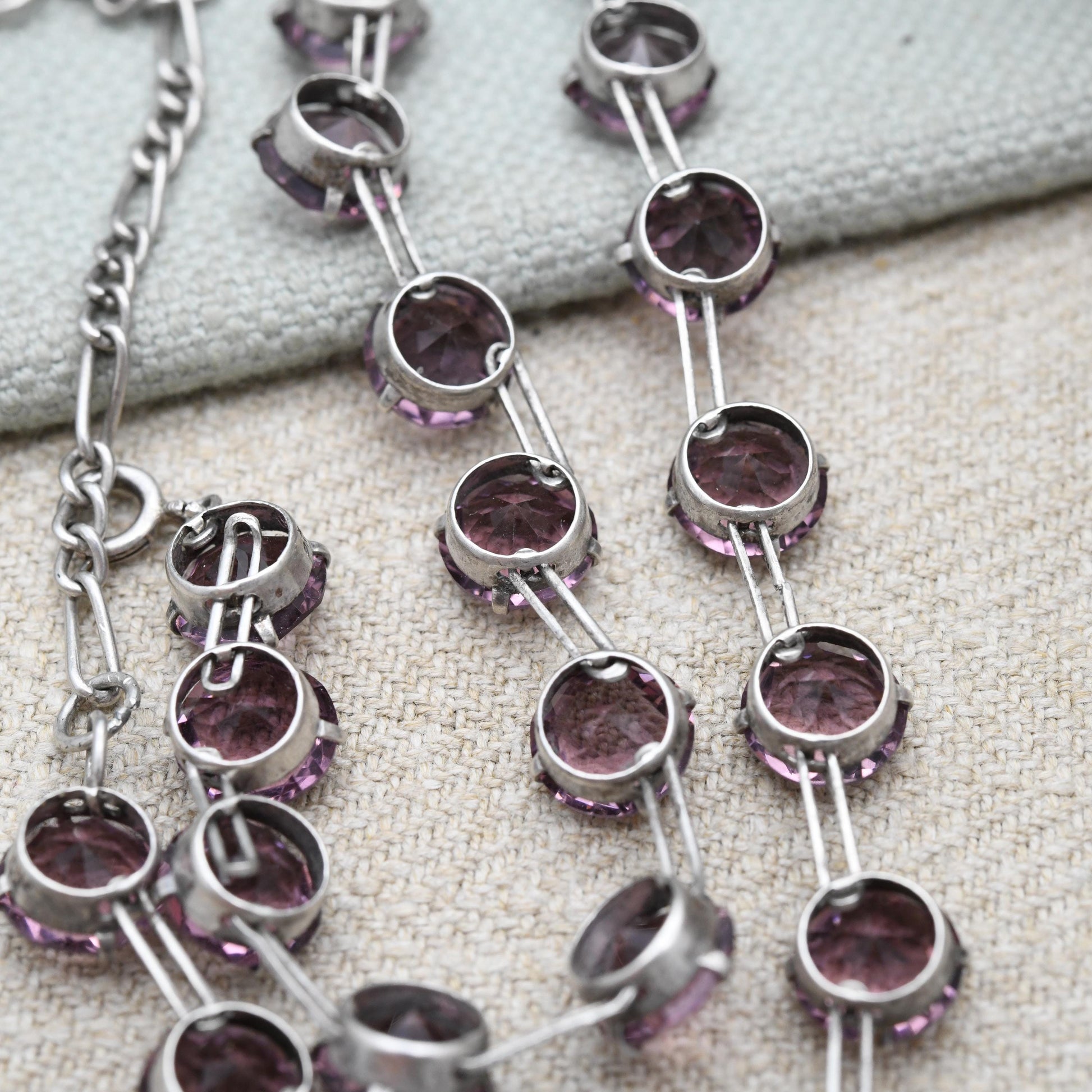 Art Deco Amethyst Paste Sterling Silver Rivière Necklace by W. H. Collins & Co. 1929 Patent Number 311897 - Choker Length 13" - 16"
