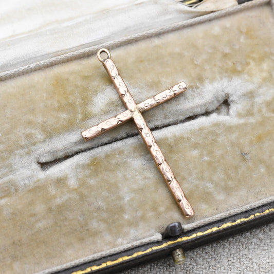 Vintage 9ct Gold Cross Pendant with Pretty flower Pattern - True Vintage Rose Gold Christian Religious Necklace Gift for Christening Baptism
