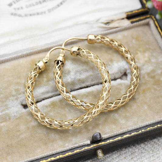Vintage 9ct Gold Hoop Earrings Delicate Lattice Design - Large Hollow Hoops | Yellow Gold | Pretty Gold Jewellery Gift for Her