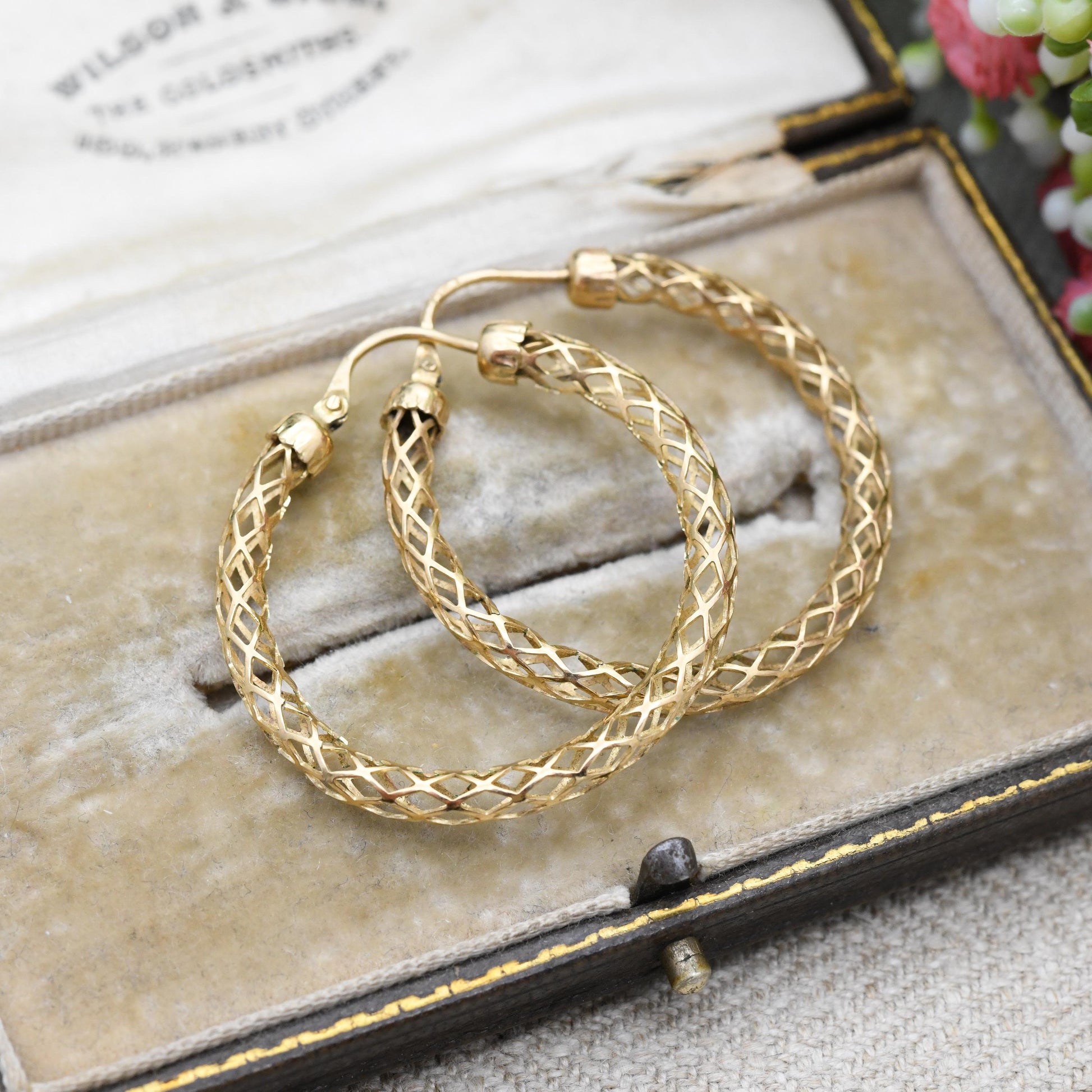 Vintage 9ct Gold Hoop Earrings Delicate Lattice Design - Large Hollow Hoops | Yellow Gold | Pretty Gold Jewellery Gift for Her