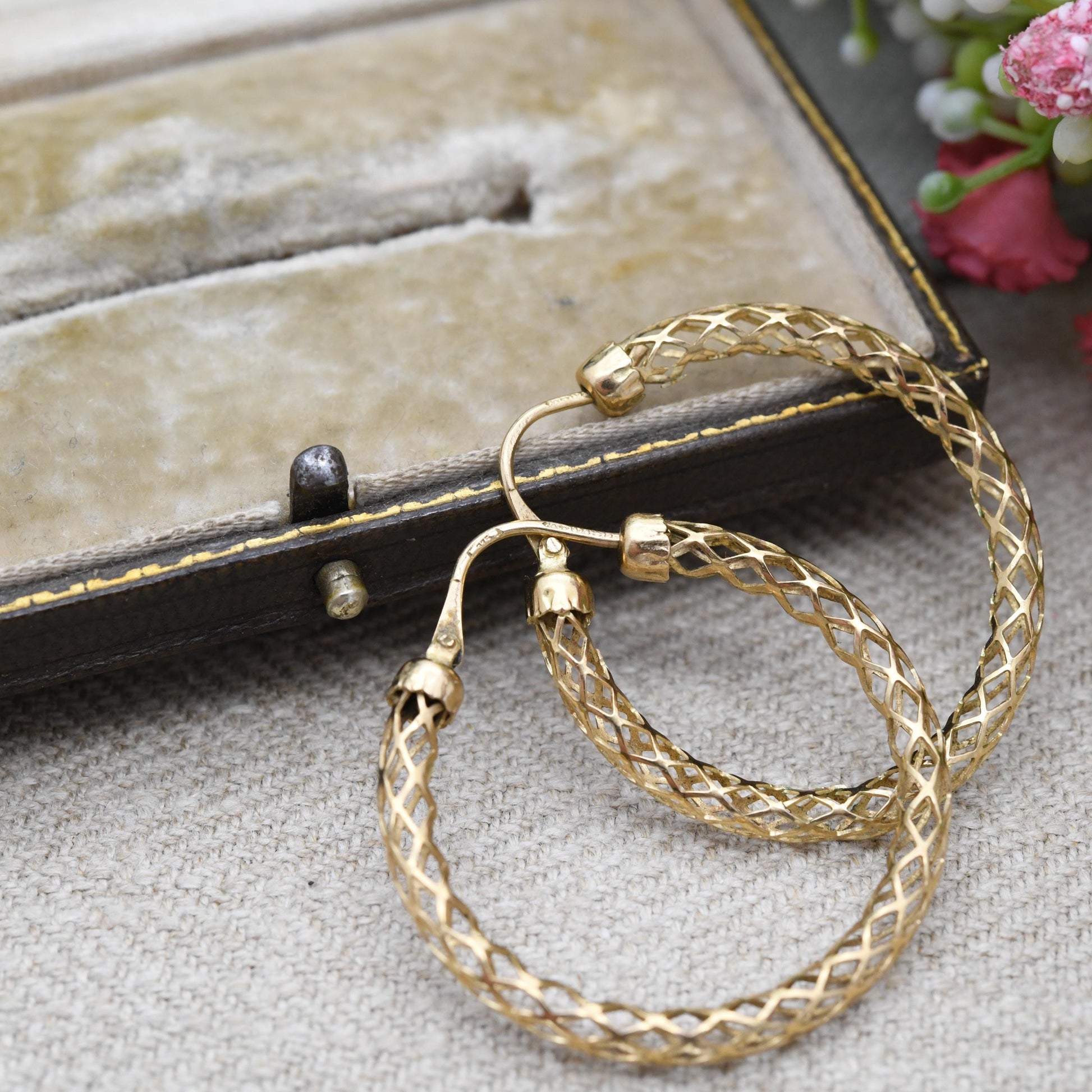 Vintage 9ct Gold Hoop Earrings Delicate Lattice Design - Large Hollow Hoops | Yellow Gold | Pretty Gold Jewellery Gift for Her