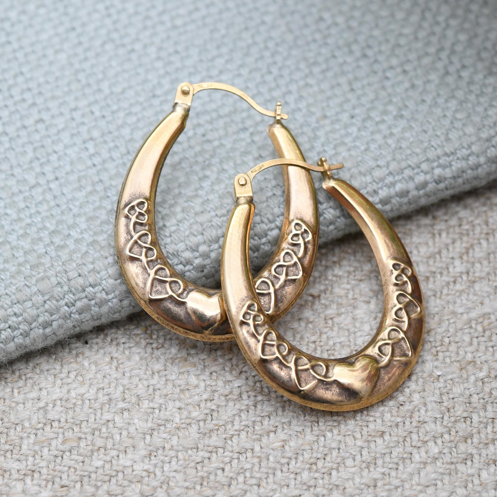 9ct Gold Celtic Hoop Earrings - Heart Design | Hollow Hoops | yellow Gold | Pretty Gold Jewellery Gift for Her