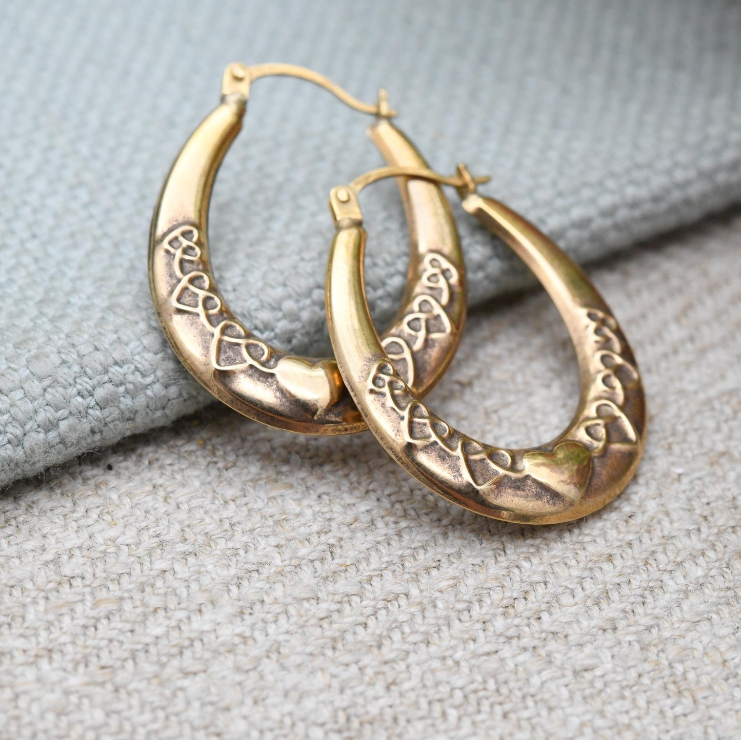 9ct Gold Celtic Hoop Earrings - Heart Design | Hollow Hoops | yellow Gold | Pretty Gold Jewellery Gift for Her