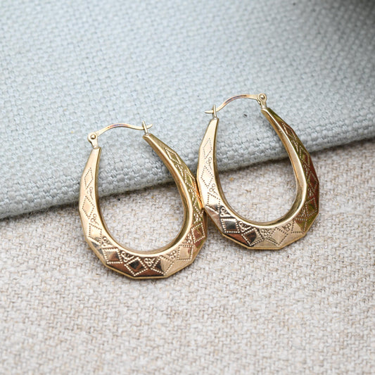 9ct Gold Hoop Earrings - Diamond Design | Hollow Hoops | Yellow Gold | Pretty Gold Jewellery Gift for Her