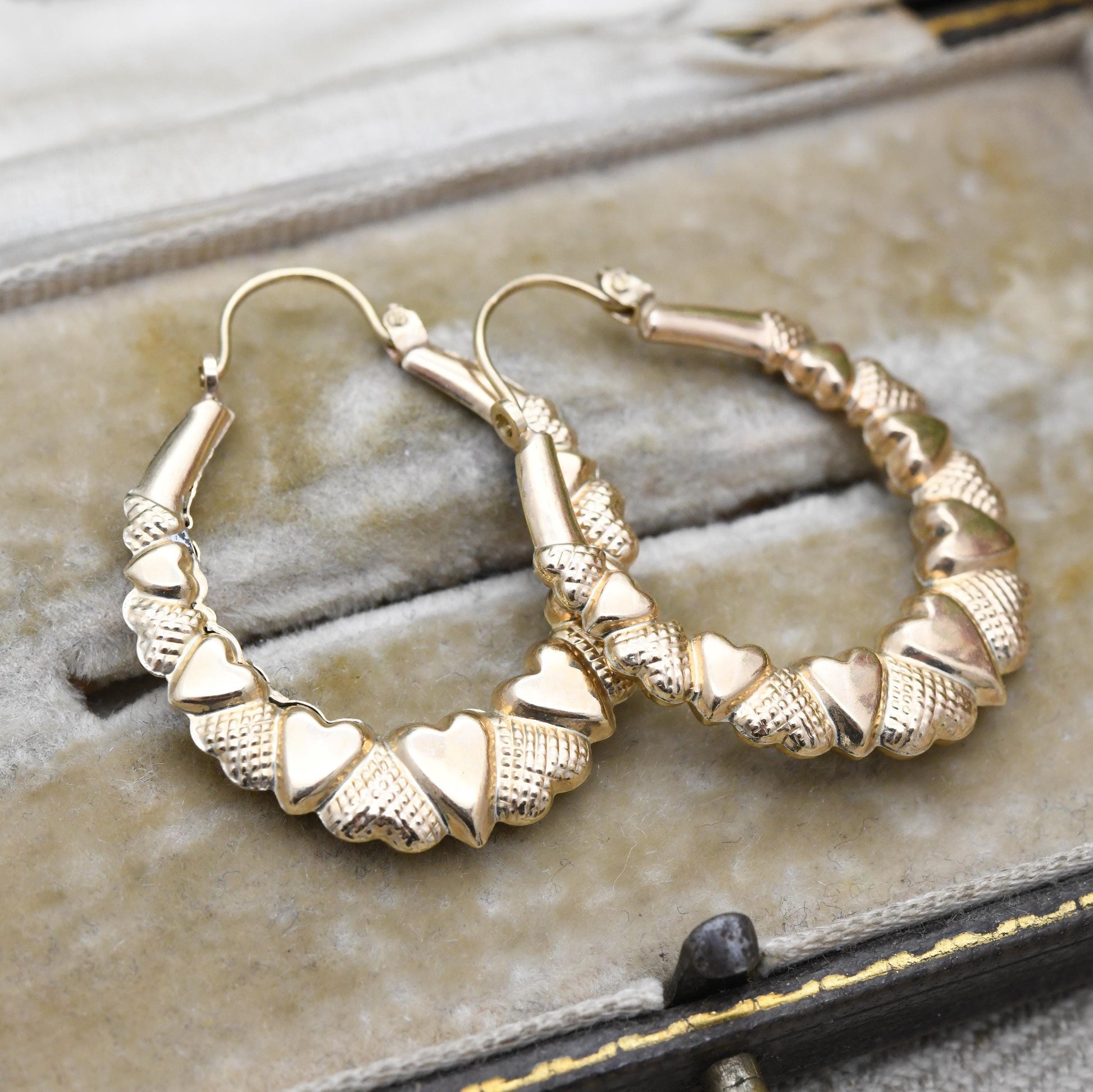 Vintage 9ct Gold Hoop Earrings Heart Design - Large Hollow Hoops | Oval Shape | Pretty Yellow Gold Jewellery Gift for Her