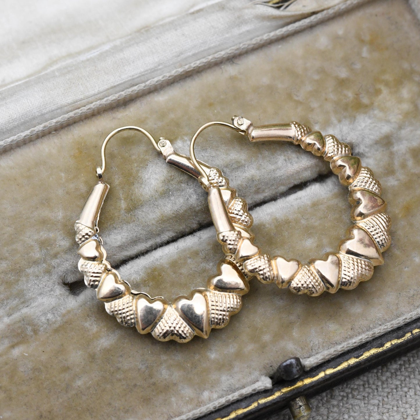 Vintage 9ct Gold Hoop Earrings Heart Design - Large Hollow Hoops | Oval Shape | Pretty Yellow Gold Jewellery Gift for Her